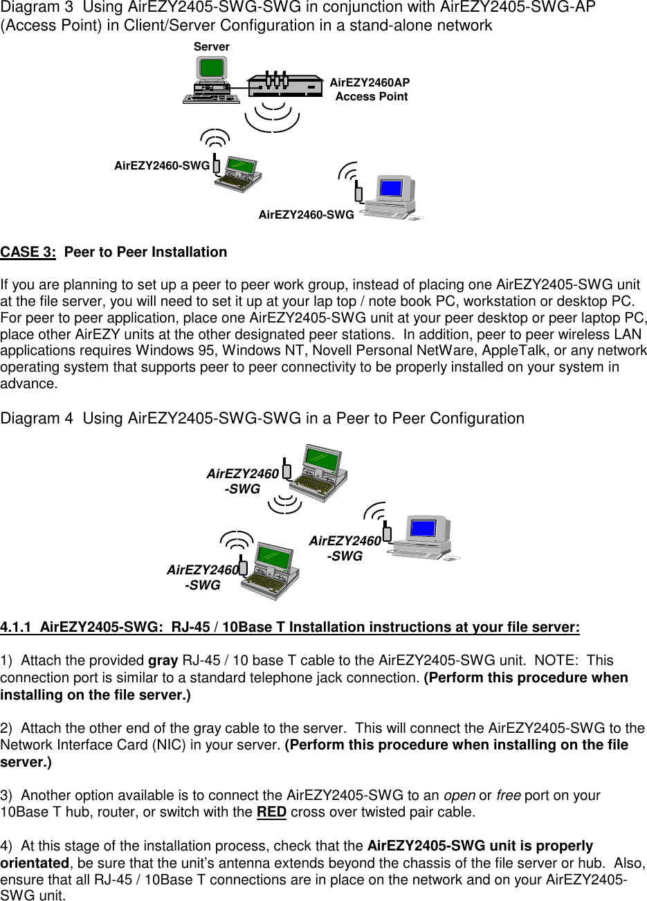 Diagram 3  Using AirEZY2405-SWG-SWG in conjunction with AirEZY2405-SWG-AP(Access Point) in Client/Server Configuration in a stand-alone networkServerAirEZY2460APAccess PointAirEZY2460-SWGAirEZY2460-SWGCASE 3:  Peer to Peer InstallationIf you are planning to set up a peer to peer work group, instead of placing one AirEZY2405-SWG unitat the file server, you will need to set it up at your lap top / note book PC, workstation or desktop PC.For peer to peer application, place one AirEZY2405-SWG unit at your peer desktop or peer laptop PC,place other AirEZY units at the other designated peer stations.  In addition, peer to peer wireless LANapplications requires Windows 95, Windows NT, Novell Personal NetWare, AppleTalk, or any networkoperating system that supports peer to peer connectivity to be properly installed on your system inadvance.Diagram 4  Using AirEZY2405-SWG-SWG in a Peer to Peer ConfigurationAirEZY2460-SWGAirEZY2460-SWGAirEZY2460-SWG4.1.1  AirEZY2405-SWG:  RJ-45 / 10Base T Installation instructions at your file server:1)  Attach the provided gray RJ-45 / 10 base T cable to the AirEZY2405-SWG unit.  NOTE:  Thisconnection port is similar to a standard telephone jack connection. (Perform this procedure wheninstalling on the file server.)2)  Attach the other end of the gray cable to the server.  This will connect the AirEZY2405-SWG to theNetwork Interface Card (NIC) in your server. (Perform this procedure when installing on the fileserver.)3)  Another option available is to connect the AirEZY2405-SWG to an open or free port on your10Base T hub, router, or switch with the RED cross over twisted pair cable.4)  At this stage of the installation process, check that the AirEZY2405-SWG unit is properlyorientated, be sure that the unit&rsquo;s antenna extends beyond the chassis of the file server or hub.  Also,ensure that all RJ-45 / 10Base T connections are in place on the network and on your AirEZY2405-SWG unit.