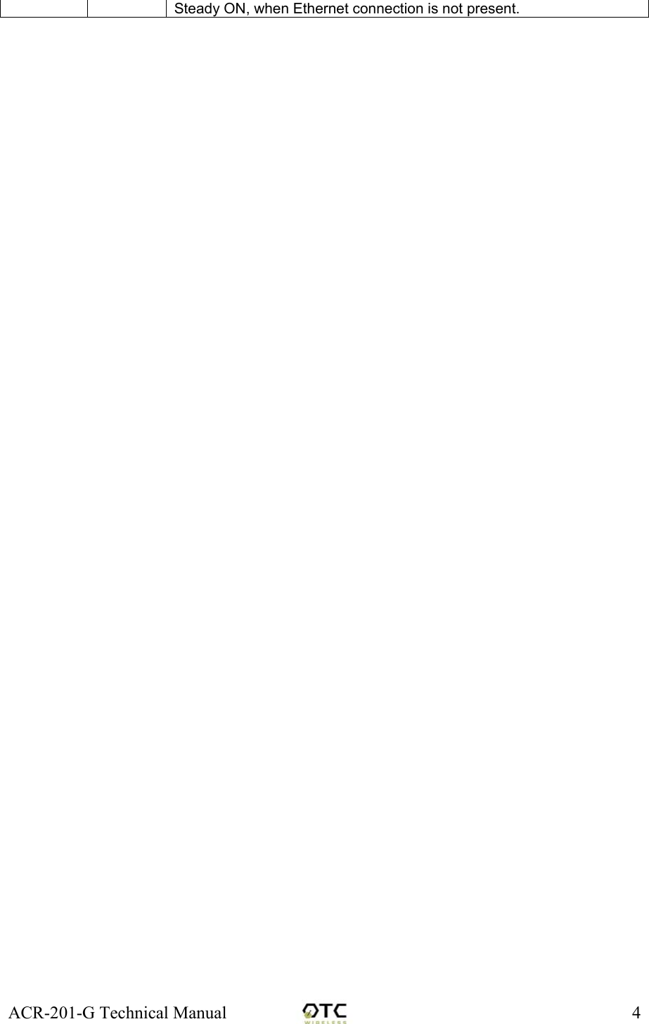 ACR-201-G Technical Manual    4Steady ON, when Ethernet connection is not present. 