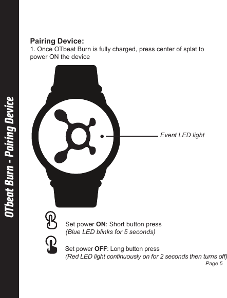 OTbeat Burn - Pairing DeviceSet power OFF: Long button press(Red LED light continuously on for 2 seconds then turns off)Set power ON: Short button press(Blue LED blinks for 5 seconds)Pairing Device:1. Once OTbeat Burn is fully charged, press center of splat to power ON the deviceEvent LED lightPage 5