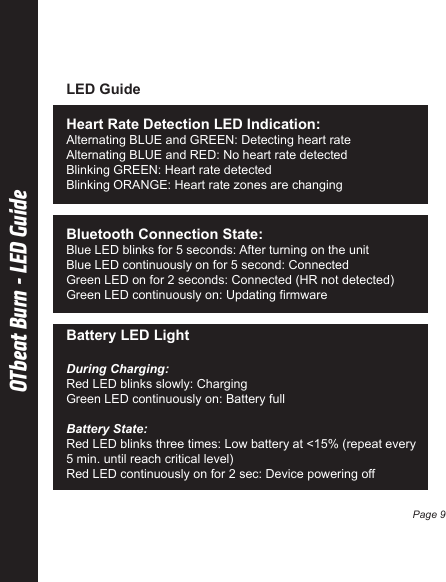 OTbeat Burn - LED GuideLED Guide:Heart Rate Detection LED Indication:Alternating BLUE and GREEN: Detecting heart rateAlternating BLUE and RED: No heart rate detectedBlinking GREEN: Heart rate detectedBlinking ORANGE: Heart rate zones are changingBluetooth Connection State:Blue LED blinks for 5 seconds: After turning on the unitBlue LED continuously on for 5 second: ConnectedGreen LED on for 2 seconds: Connected (HR not detected)Green LED continuously on: Updating firmwarePage 9Battery LED LightDuring Charging:Red LED blinks slowly: Charging Green LED continuously on: Battery fullBattery State:Red LED blinks three times: Low battery at &lt;15% (repeat every 5 min. until reach critical level)Red LED continuously on for 2 sec: Device powering off