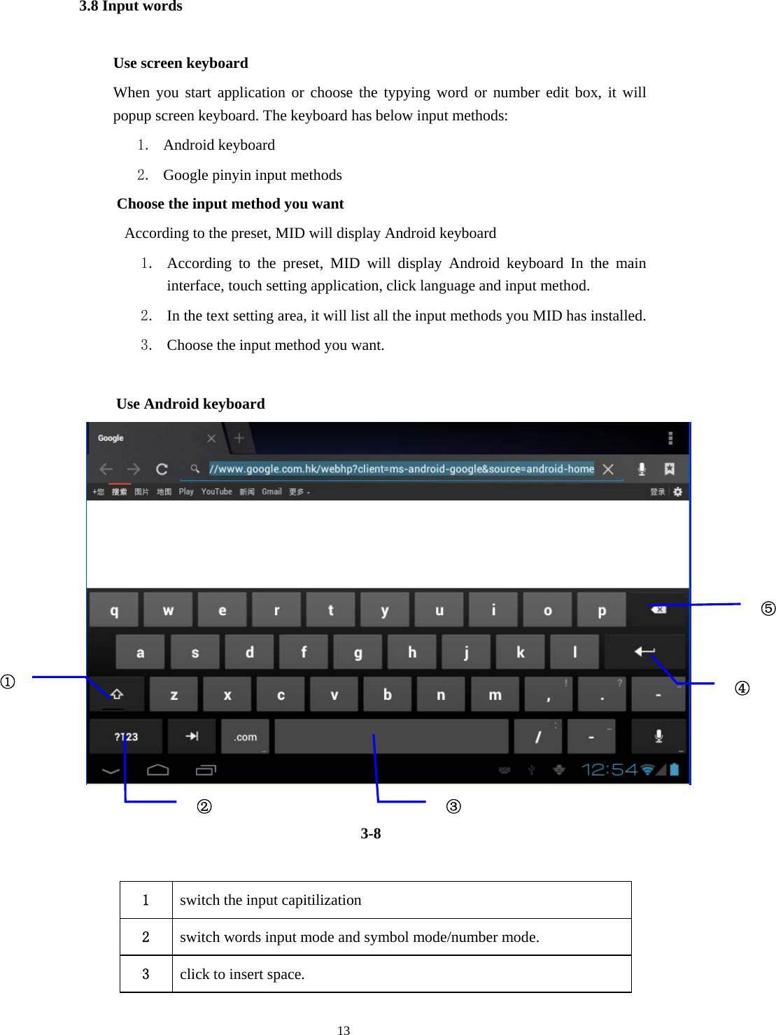  13 3.8 Input words Use screen keyboard When you start application or choose the typying word or number edit box, it will popup screen keyboard. The keyboard has below input methods: 1. Android keyboard     2. Google pinyin input methods         Choose the input method you want                   According to the preset, MID will display Android keyboard 1. According to the preset, MID will display Android keyboard In the main interface, touch setting application, click language and input method. 2. In the text setting area, it will list all the input methods you MID has installed. 3. Choose the input method you want.   Use Android keyboard    3-8  1  switch the input capitilization 2  switch words input mode and symbol mode/number mode. 3  click to insert space. ①② ③⑤④