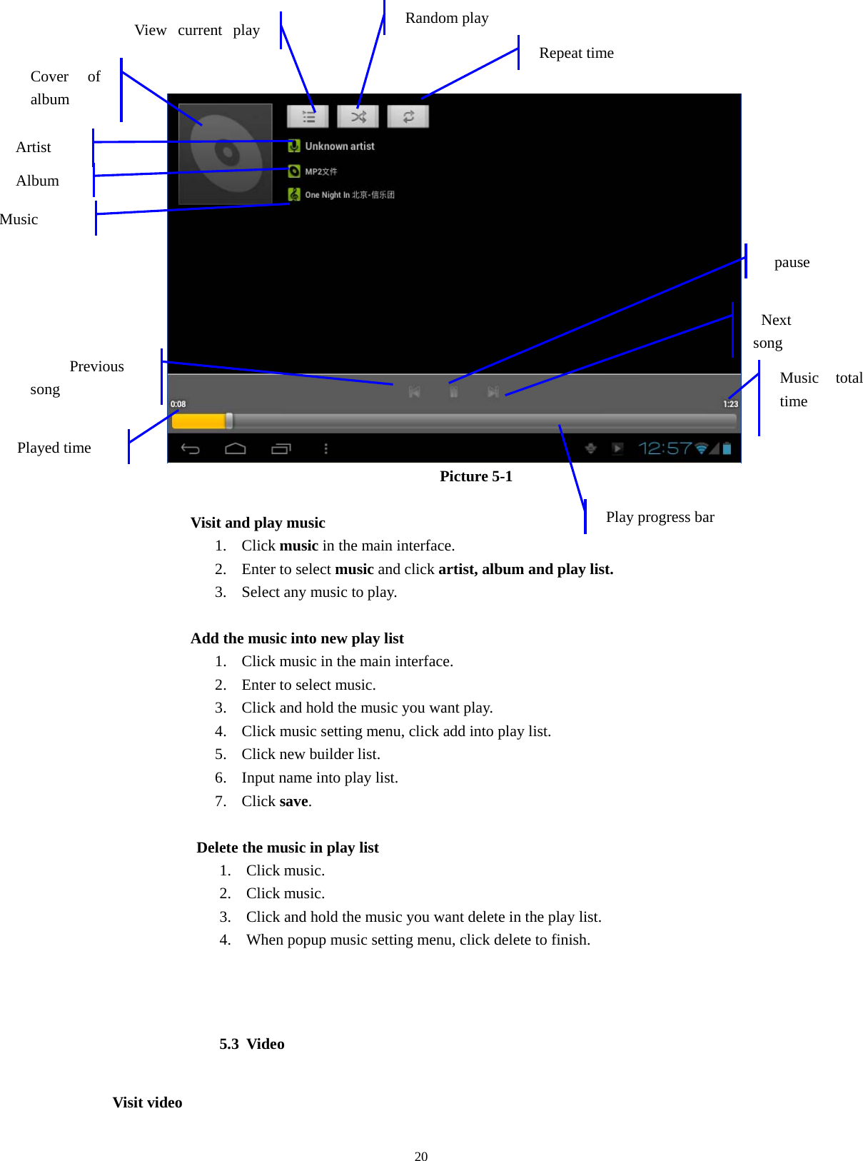  20  Picture 5-1            Visit and play music 1. Click music in the main interface. 2. Enter to select music and click artist, album and play list. 3. Select any music to play.                Add the music into new play list 1. Click music in the main interface. 2. Enter to select music. 3. Click and hold the music you want play. 4. Click music setting menu, click add into play list. 5. Click new builder list. 6. Input name into play list. 7. Click save.  Delete the music in play list 1. Click music. 2. Click music. 3. Click and hold the music you want delete in the play list. 4. When popup music setting menu, click delete to finish.  5.3 Video Visit video   Cover of album Artist Previous song  Music Played time View current play  Random play Repeat time Music total time Play progress bar Album pause Next song