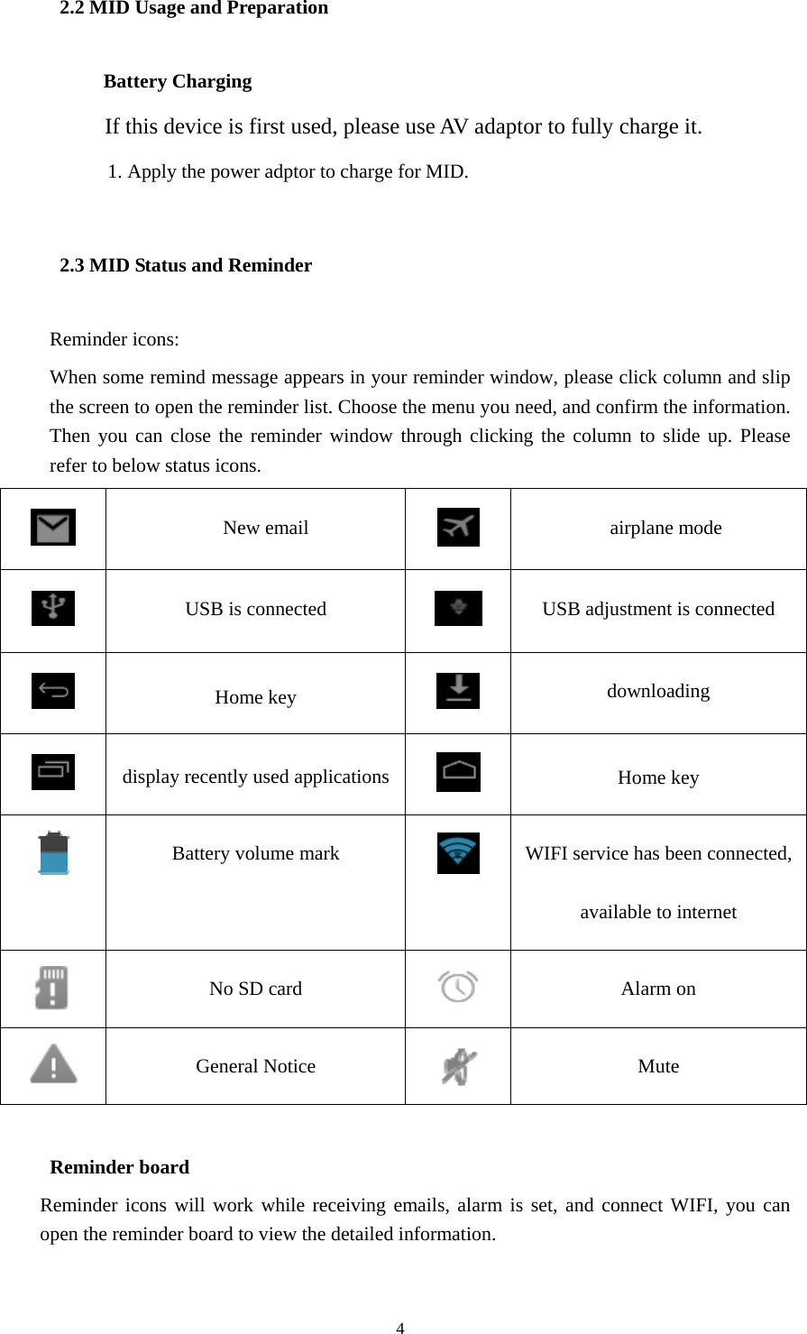  4 2.2 MID Usage and Preparation Battery Charging If this device is first used, please use AV adaptor to fully charge it. 1. Apply the power adptor to charge for MID. 2.3 MID Status and Reminder Reminder icons: When some remind message appears in your reminder window, please click column and slip the screen to open the reminder list. Choose the menu you need, and confirm the information. Then you can close the reminder window through clicking the column to slide up. Please refer to below status icons.  New email   airplane mode  USB is connected     USB adjustment is connected  Home key  downloading  display recently used applications  Home key  Battery volume mark   WIFI service has been connected, available to internet  No SD card   Alarm on  General Notice  Mute        Reminder board    Reminder icons will work while receiving emails, alarm is set, and connect WIFI, you can open the reminder board to view the detailed information.  