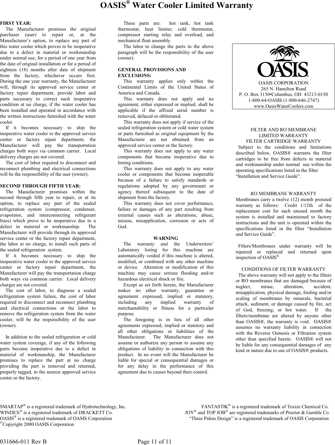 Page 11 of 11 - Oasis-Concepts Oasis-Concepts-Pht1Aqk-Users-Manual- Installation And Service Guide  Oasis-concepts-pht1aqk-users-manual