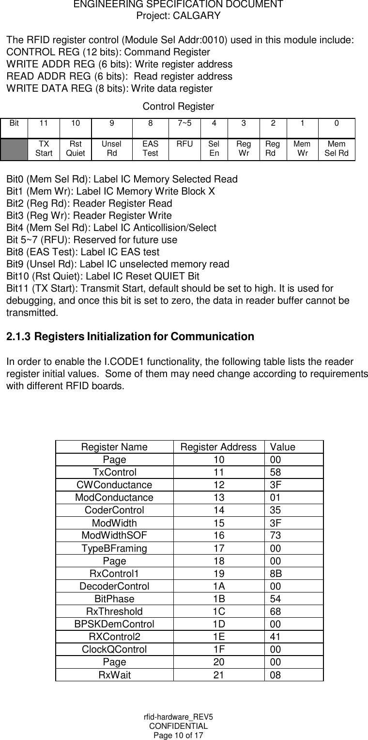 ENGINEERING SPECIFICATION DOCUMENT Project: CALGARY rfid-hardware_REV5 CONFIDENTIAL Page 10 of 17    The RFID register control (Module Sel Addr:0010) used in this module include: CONTROL REG (12 bits): Command Register WRITE ADDR REG (6 bits): Write register address READ ADDR REG (6 bits):  Read register address WRITE DATA REG (8 bits): Write data register Control Register  Bit 11 10 9 8 7~5 4 3 2 1 0  TX Start Rst Quiet Unsel Rd EAS Test RFU Sel En Reg Wr Reg Rd Mem Wr Mem Sel Rd  Bit0 (Mem Sel Rd): Label IC Memory Selected Read Bit1 (Mem Wr): Label IC Memory Write Block X Bit2 (Reg Rd): Reader Register Read Bit3 (Reg Wr): Reader Register Write Bit4 (Mem Sel Rd): Label IC Anticollision/Select Bit 5~7 (RFU): Reserved for future use Bit8 (EAS Test): Label IC EAS test Bit9 (Unsel Rd): Label IC unselected memory read Bit10 (Rst Quiet): Label IC Reset QUIET Bit Bit11 (TX Start): Transmit Start, default should be set to high. It is used for debugging, and once this bit is set to zero, the data in reader buffer cannot be transmitted.  2.1.3 Registers Initialization for Communication  In order to enable the I.CODE1 functionality, the following table lists the reader register initial values.  Some of them may need change according to requirements with different RFID boards.     Register Name Register Address Value Page 10 00 TxControl 11 58 CWConductance 12 3F ModConductance 13 01 CoderControl 14 35 ModWidth 15 3F ModWidthSOF 16 73 TypeBFraming 17 00 Page 18 00 RxControl1 19 8B DecoderControl 1A 00 BitPhase 1B 54 RxThreshold 1C 68 BPSKDemControl 1D 00 RXControl2 1E 41 ClockQControl 1F 00 Page 20 00 RxWait 21 08 