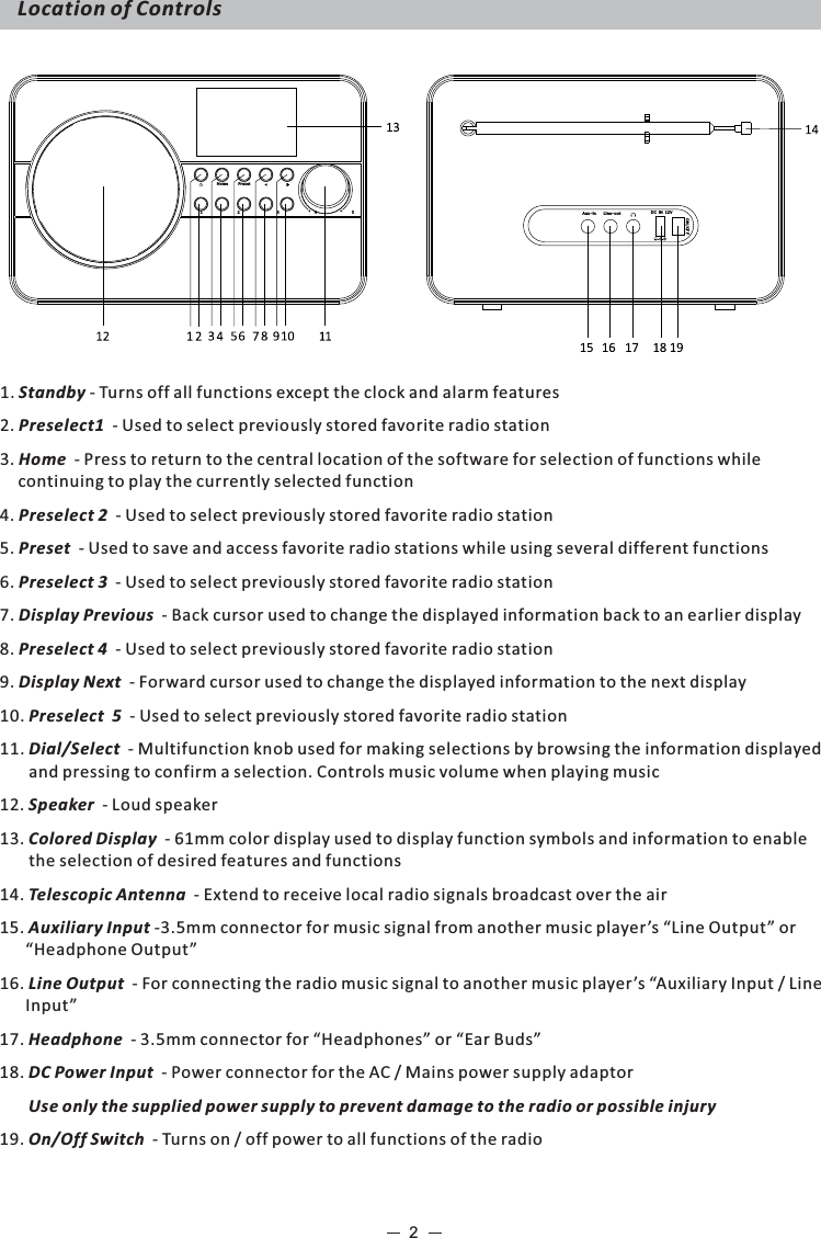 2Home Preset1                  2                   3                  4                  5 Aux-in Line-out DC IN 12VON/OFFLocation of Controls1. Standby - Turns off all functions except the clock and alarm features2. Preselect1  - Used to select previously stored favorite radio station3. Home  - Press to return to the central location of the software for selection of functions while continuing to play the currently selected function4. Preselect 2  - Used to select previously stored favorite radio station5. Preset  - Used to save and access favorite radio stations while using several different functions6. Preselect 3  - Used to select previously stored favorite radio station7. Display Previous  - Back cursor used to change the displayed information back to an earlier display8. Preselect 4  - Used to select previously stored favorite radio station9. Display Next  - Forward cursor used to change the displayed information to the next display10. Preselect  5  - Used to select previously stored favorite radio station11. Dial/Select  - Multifunction knob used for making selections by browsing the information displayed and pressing to confirm a selection. Controls music volume when playing music12. Speaker  - Loud speaker13. Colored Display  - 61mm color display used to display function symbols and information to enable the selection of desired features and functions14. Telescopic Antenna  - Extend to receive local radio signals broadcast over the air15. Auxiliary Input -3.5mm connector for music signal from another music player’s “Line Output” or “Headphone Output”16. Line Output  - For connecting the radio music signal to another music player’s “Auxiliary Input / Line Input”17. Headphone  - 3.5mm connector for “Headphones” or “Ear Buds”18. DC Power Input  - Power connector for the AC / Mains power supply adaptor       Use only the supplied power supply to prevent damage to the radio or possible injury19. On/Off Switch  - Turns on / off power to all functions of the radio