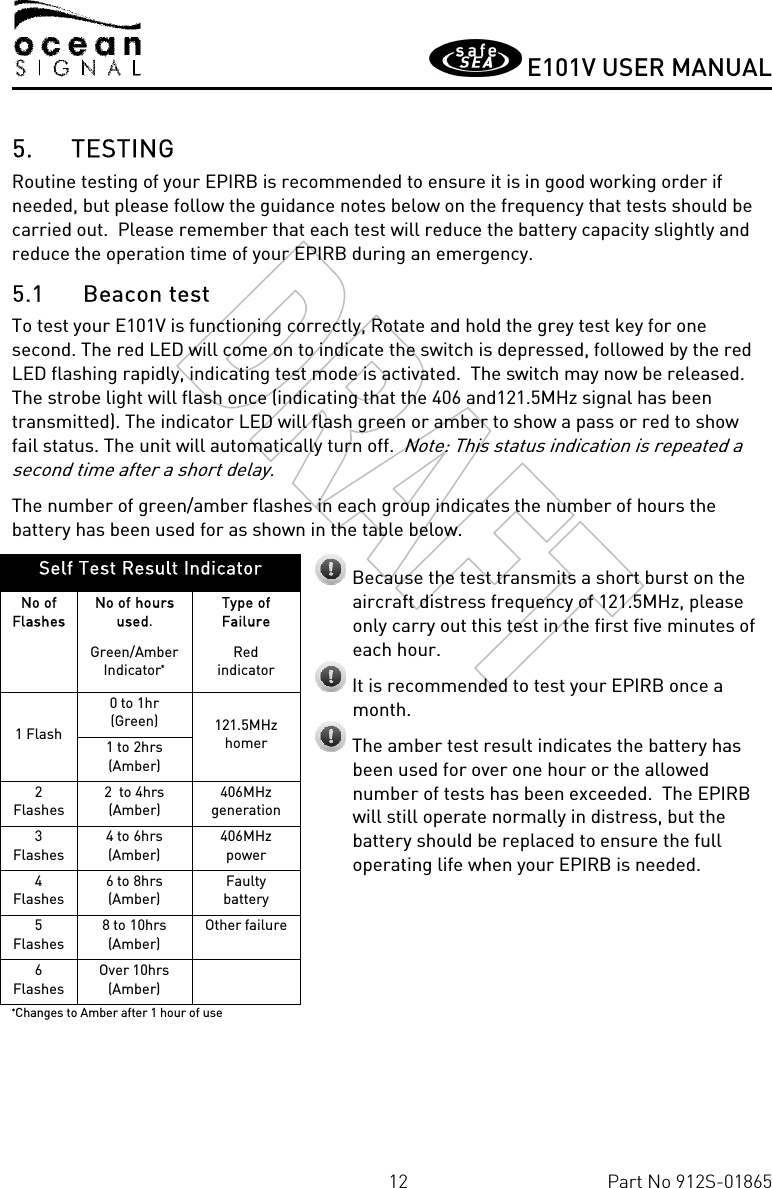       E101V USER MANUAL  12  Part No 912S-01865  5. TESTING Routine testing of your EPIRB is recommended to ensure it is in good working order if needed, but please follow the guidance notes below on the frequency that tests should be carried out.  Please remember that each test will reduce the battery capacity slightly and reduce the operation time of your EPIRB during an emergency. 5.1 Beacon test To test your E101V is functioning correctly, Rotate and hold the grey test key for one second. The red LED will come on to indicate the switch is depressed, followed by the red LED flashing rapidly, indicating test mode is activated.  The switch may now be released.  The strobe light will flash once (indicating that the 406 and121.5MHz signal has been transmitted). The indicator LED will flash green or amber to show a pass or red to show fail status. The unit will automatically turn off.  Note: This status indication is repeated a second time after a short delay. The number of green/amber flashes in each group indicates the number of hours the battery has been used for as shown in the table below.            Self Test Result Indicator No of Flashes  No of hours used. Green/Amber  Indicator* Type of Failure Red indicator   1 Flash 0 to 1hr (Green)  121.5MHz homer 1 to 2hrs (Amber)  2 Flashes 2  to 4hrs (Amber)   406MHz generation 3 Flashes  4 to 6hrs (Amber) 406MHz power 4 Flashes  6 to 8hrs (Amber) Faulty battery 5 Flashes  8 to 10hrs (Amber) Other failure 6 Flashes  Over 10hrs (Amber)  *Changes to Amber after 1 hour of use  Because the test transmits a short burst on the aircraft distress frequency of 121.5MHz, please only carry out this test in the first five minutes of each hour.  It is recommended to test your EPIRB once a month.  The amber test result indicates the battery has been used for over one hour or the allowed number of tests has been exceeded.  The EPIRB will still operate normally in distress, but the battery should be replaced to ensure the full operating life when your EPIRB is needed.    