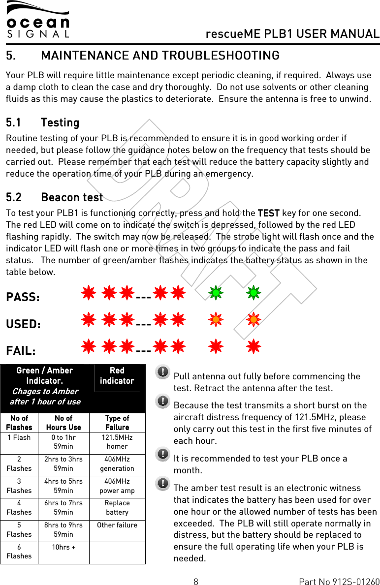      rescueME PLB1 USER MANUAL  8  Part No 912S-01260 5.5.5.5. MAINTENANCE AND TROUMAINTENANCE AND TROUMAINTENANCE AND TROUMAINTENANCE AND TROUBLESHOOTINGBLESHOOTINGBLESHOOTINGBLESHOOTING    Your PLB will require little maintenance except periodic cleaning, if required.  Always use a damp cloth to clean the case and dry thoroughly.  Do not use solvents or other cleaning fluids as this may cause the plastics to deteriorate.  Ensure the antenna is free to unwind. 5.15.15.15.1 TestingTestingTestingTesting    Routine testing of your PLB is recommended to ensure it is in good working order if needed, but please follow the guidance notes below on the frequency that tests should be carried out.  Please remember that each test will reduce the battery capacity slightly and reduce the operation time of your PLB during an emergency. 5.25.25.25.2 Beacon testBeacon testBeacon testBeacon test    To test your PLB1 is functioning correctly, press and hold the TESTTESTTESTTEST key for one second. The red LED will come on to indicate the switch is depressed, followed by the red LED flashing rapidly.  The switch may now be released.  The strobe light will flash once and the indicator LED will flash one or more times in two groups to indicate the pass and fail status.   The number of green/amber flashes indicates the battery status as shown in the table below. PASS:     ---                  USED:     ---                  FAIL:       ---                  Green / Amber  Green / Amber  Green / Amber  Green / Amber  IndicatorIndicatorIndicatorIndicator....    Chages to Chages to Chages to Chages to AAAAmber mber mber mber after 1 hour of useafter 1 hour of useafter 1 hour of useafter 1 hour of use    Red Red Red Red indicatorindicatorindicatorindicator    No of No of No of No of FlashesFlashesFlashesFlashes    NoNoNoNo of  of  of  of Hours UseHours UseHours UseHours Use    Type of Type of Type of Type of FailureFailureFailureFailure    1 Flash  0 to 1hr 59min 121.5MHz homer 2 Flashes 2hrs to 3hrs 59min 406MHz generation 3 Flashes 4hrs to 5hrs 59min 406MHz power amp 4 Flashes 6hrs to 7hrs 59min Replace battery 5 Flashes 8hrs to 9hrs 59min Other failure 6 Flashes 10hrs +    Pull antenna out fully before commencing the test. Retract the antenna after the test.  Because the test transmits a short burst on the aircraft distress frequency of 121.5MHz, please only carry out this test in the first five minutes of each hour.  It is recommended to test your PLB once a month.  The amber test result is an electronic witness that indicates the battery has been used for over one hour or the allowed number of tests has been exceeded.  The PLB will still operate normally in distress, but the battery should be replaced to ensure the full operating life when your PLB is needed.