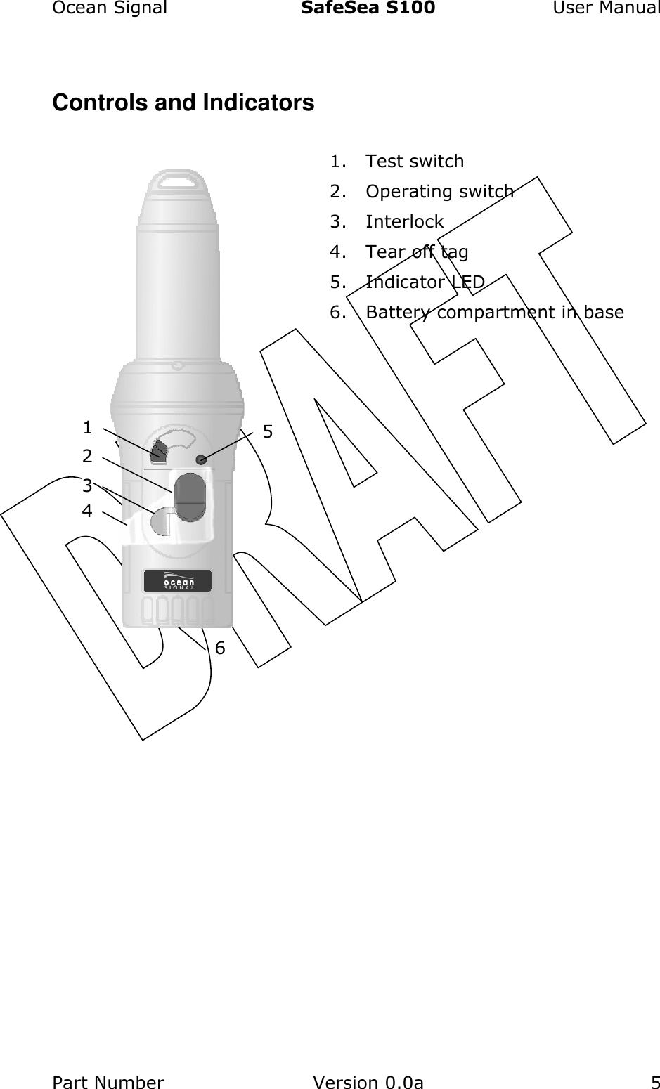 Ocean Signal  SafeSea S100  User Manual Part Number  Version 0.0a  5     Controls and Indicators  1. Test switch  2. Operating switch  3. Interlock 4. Tear off tag 5. Indicator LED 6. Battery compartment in base          1 2 3 4 5 6 