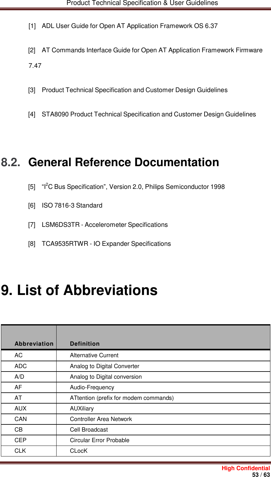         Product Technical Specification &amp; User Guidelines     High Confidential       53 / 63  [1]  ADL User Guide for Open AT Application Framework OS 6.37   [2]  AT Commands Interface Guide for Open AT Application Framework Firmware 7.47   [3]  Product Technical Specification and Customer Design Guidelines   [4]  STA8090 Product Technical Specification and Customer Design Guidelines         8.2.  General Reference Documentation [5]  “I2C Bus Specification”, Version 2.0, Philips Semiconductor 1998 [6]  ISO 7816-3 Standard [7]  LSM6DS3TR - Accelerometer Specifications [8]  TCA9535RTWR - IO Expander Specifications  9. List of Abbreviations   Abbreviation  Definition AC Alternative Current ADC Analog to Digital Converter A/D Analog to Digital conversion AF Audio-Frequency AT ATtention (prefix for modem commands) AUX AUXiliary CAN Controller Area Network CB Cell Broadcast CEP Circular Error Probable CLK CLocK 