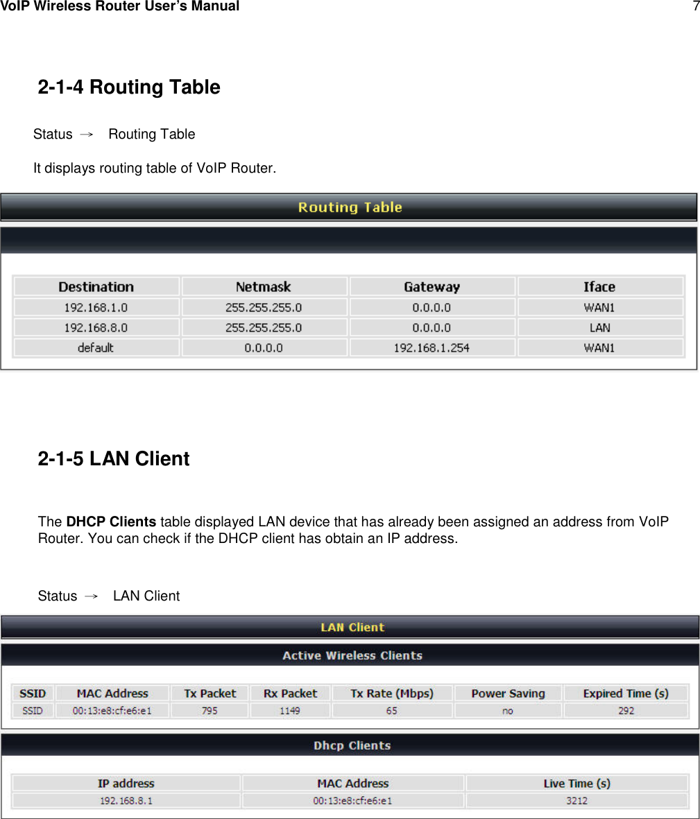 VoIP Wireless Router User’s Manual 72-1-4 Routing TableStatus →Routing TableIt displays routing table of VoIP Router.2-1-5 LAN ClientThe DHCP Clients table displayed LAN device that has already been assigned an address from VoIPRouter. You can check if the DHCP client has obtain an IP address.Status →LAN Client