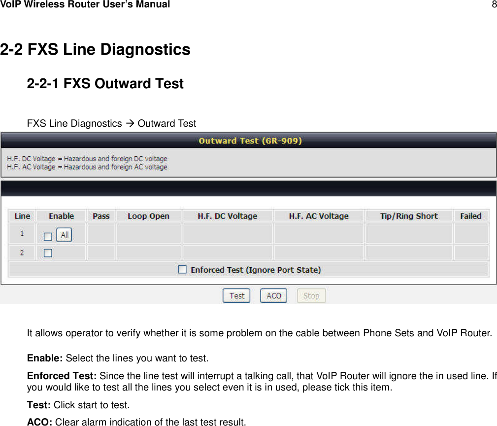 VoIP Wireless Router User’s Manual 82-2 FXS Line Diagnostics2-2-1 FXS Outward TestFXS Line Diagnostics Outward TestIt allows operator to verify whether it is some problem on the cable between Phone Sets and VoIP Router.Enable: Select the lines you want to test.Enforced Test: Since the line test will interrupt a talking call, that VoIP Router will ignore the in used line. Ifyou would like to test all the lines you select even it is in used, please tick this item.Test: Click start to test.ACO: Clear alarm indication of the last test result.