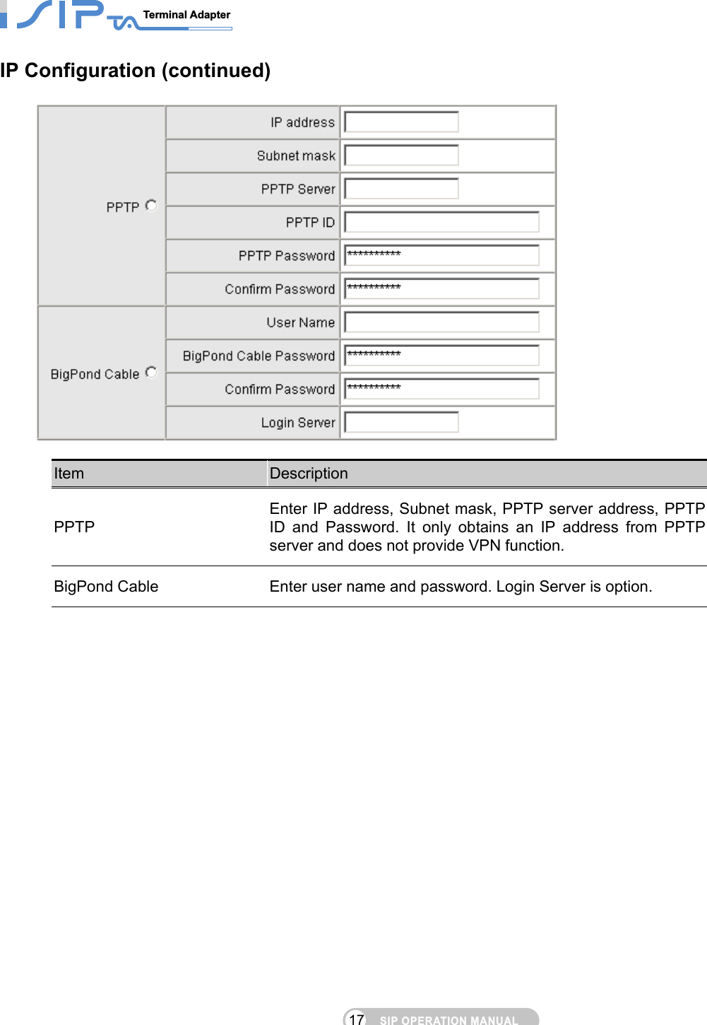 SIP OPERATION MANUALTerminal Adapter                                                                                17IP Configuration (continued)   Item  Description PPTP Enter IP address, Subnet mask, PPTP server address, PPTP ID and Password. It only obtains an IP address from PPTP server and does not provide VPN function. BigPond Cable  Enter user name and password. Login Server is option.   