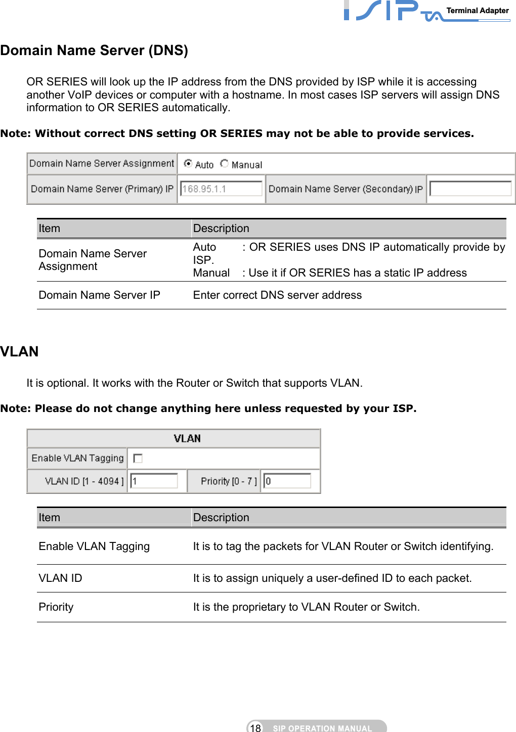 SIP OPERATION MANUALTerminal Adapter 18 Domain Name Server (DNS)   OR SERIES will look up the IP address from the DNS provided by ISP while it is accessing another VoIP devices or computer with a hostname. In most cases ISP servers will assign DNS information to OR SERIES automatically.  Note: Without correct DNS setting OR SERIES may not be able to provide services.    Item  Description Domain Name Server Assignment  Auto   : OR SERIES uses DNS IP automatically provide by ISP.  Manual  : Use it if OR SERIES has a static IP address Domain Name Server IP  Enter correct DNS server address   VLAN It is optional. It works with the Router or Switch that supports VLAN.    Note: Please do not change anything here unless requested by your ISP.    Item  Description Enable VLAN Tagging  It is to tag the packets for VLAN Router or Switch identifying. VLAN ID  It is to assign uniquely a user-defined ID to each packet.   Priority  It is the proprietary to VLAN Router or Switch.     