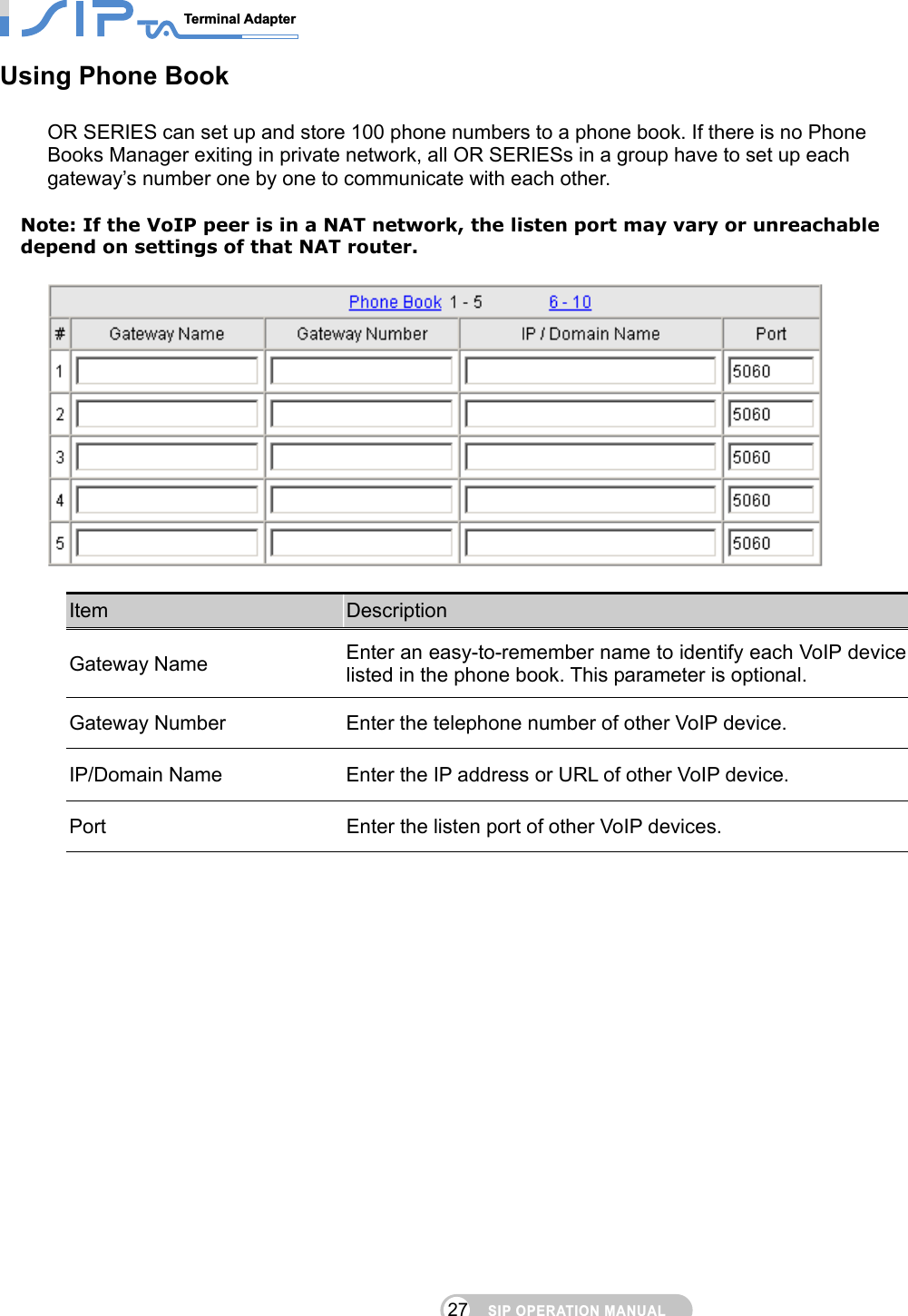 SIP OPERATION MANUALTerminal Adapter                                                                                27Using Phone Book OR SERIES can set up and store 100 phone numbers to a phone book. If there is no Phone Books Manager exiting in private network, all OR SERIESs in a group have to set up each gateway’s number one by one to communicate with each other.  Note: If the VoIP peer is in a NAT network, the listen port may vary or unreachable depend on settings of that NAT router.    Item  Description Gateway Name  Enter an easy-to-remember name to identify each VoIP device listed in the phone book. This parameter is optional. Gateway Number  Enter the telephone number of other VoIP device. IP/Domain Name  Enter the IP address or URL of other VoIP device. Port  Enter the listen port of other VoIP devices.       