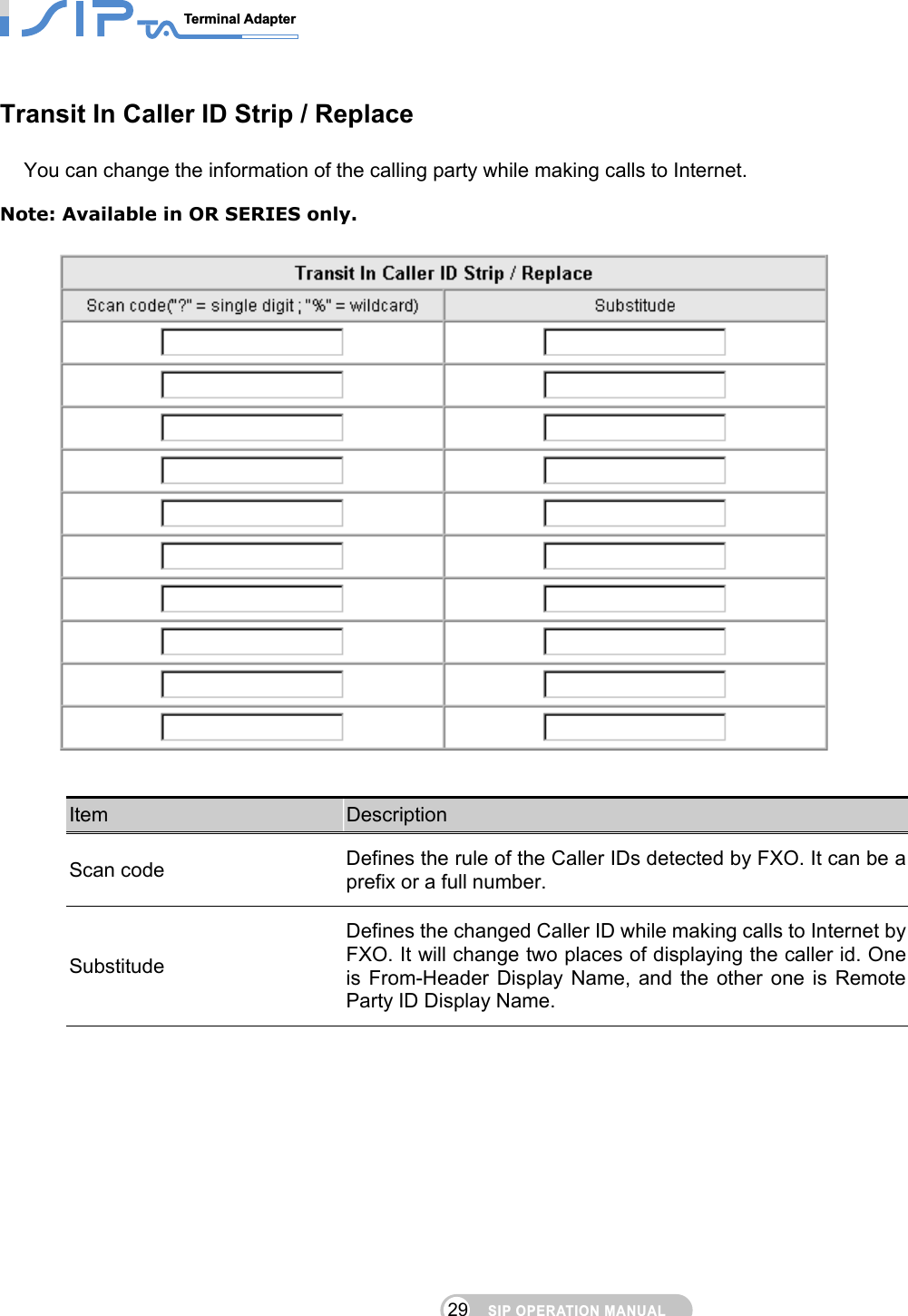 SIP OPERATION MANUALTerminal Adapter                                                                                29 Transit In Caller ID Strip / Replace You can change the information of the calling party while making calls to Internet.    Note: Available in OR SERIES only.    Item  Description Scan code  Defines the rule of the Caller IDs detected by FXO. It can be a prefix or a full number. Substitude Defines the changed Caller ID while making calls to Internet by FXO. It will change two places of displaying the caller id. One is From-Header Display Name, and the other one is Remote Party ID Display Name.    