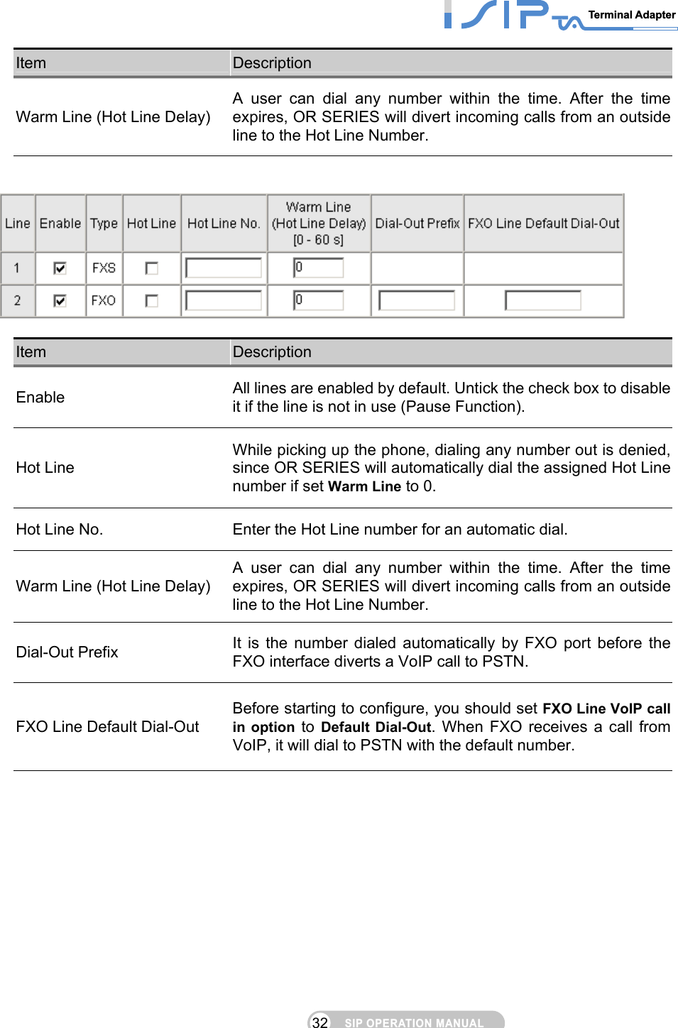 SIP OPERATION MANUALTerminal Adapter 32 Item  Description Warm Line (Hot Line Delay) A user can dial any number within the time. After the time expires, OR SERIES will divert incoming calls from an outside line to the Hot Line Number.     Item  Description Enable All lines are enabled by default. Untick the check box to disable it if the line is not in use (Pause Function). Hot Line While picking up the phone, dialing any number out is denied, since OR SERIES will automatically dial the assigned Hot Line number if set Warm Line to 0. Hot Line No.  Enter the Hot Line number for an automatic dial. Warm Line (Hot Line Delay) A user can dial any number within the time. After the time expires, OR SERIES will divert incoming calls from an outside line to the Hot Line Number. Dial-Out Prefix  It is the number dialed automatically by FXO port before the FXO interface diverts a VoIP call to PSTN. FXO Line Default Dial-Out Before starting to configure, you should set FXO Line VoIP call in option to  Default Dial-Out. When FXO receives a call from VoIP, it will dial to PSTN with the default number.  