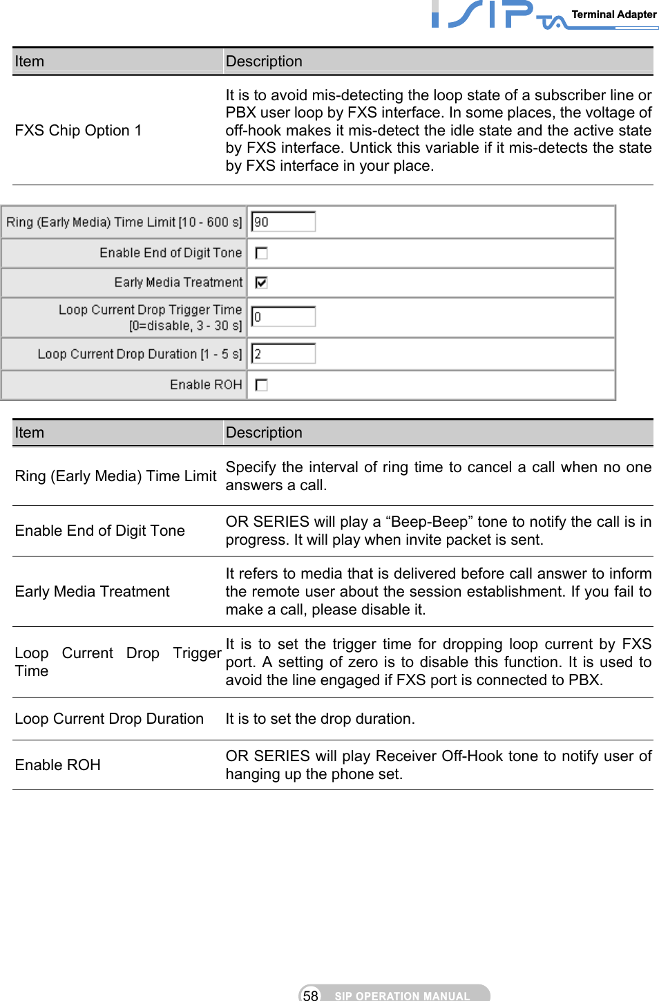 SIP OPERATION MANUALTerminal Adapter 58 Item  Description FXS Chip Option 1 It is to avoid mis-detecting the loop state of a subscriber line or PBX user loop by FXS interface. In some places, the voltage of off-hook makes it mis-detect the idle state and the active state by FXS interface. Untick this variable if it mis-detects the state by FXS interface in your place.    Item  Description Ring (Early Media) Time Limit  Specify the interval of ring time to cancel a call when no one answers a call. Enable End of Digit Tone  OR SERIES will play a “Beep-Beep” tone to notify the call is in progress. It will play when invite packet is sent. Early Media Treatment It refers to media that is delivered before call answer to inform the remote user about the session establishment. If you fail to make a call, please disable it. Loop Current Drop Trigger Time It is to set the trigger time for dropping loop current by FXS port. A setting of zero is to disable this function. It is used to avoid the line engaged if FXS port is connected to PBX. Loop Current Drop Duration  It is to set the drop duration. Enable ROH  OR SERIES will play Receiver Off-Hook tone to notify user of hanging up the phone set.  