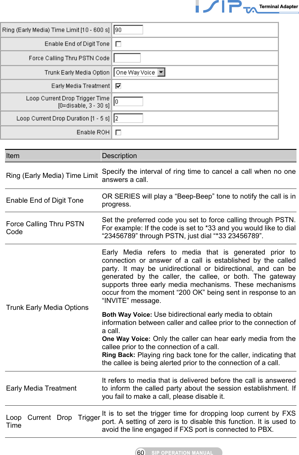 SIP OPERATION MANUALTerminal Adapter 60   Item  Description Ring (Early Media) Time Limit  Specify the interval of ring time to cancel a call when no one answers a call. Enable End of Digit Tone  OR SERIES will play a “Beep-Beep” tone to notify the call is in progress.  Force Calling Thru PSTN Code Set the preferred code you set to force calling through PSTN. For example: If the code is set to *33 and you would like to dial “23456789” through PSTN, just dial “*33 23456789”. Trunk Early Media Options Early Media refers to media that is generated prior to connection or answer of a call is established by the called party. It may be unidirectional or bidirectional, and can be generated by the caller, the callee, or both. The gateway supports three early media mechanisms. These mechanisms occur from the moment “200 OK” being sent in response to an “INVITE” message.  Both Way Voice: Use bidirectional early media to obtain information between caller and callee prior to the connection of a call. One Way Voice: Only the caller can hear early media from the callee prior to the connection of a call. Ring Back: Playing ring back tone for the caller, indicating that the callee is being alerted prior to the connection of a call. Early Media Treatment It refers to media that is delivered before the call is answered to inform the called party about the session establishment. If you fail to make a call, please disable it. Loop Current Drop Trigger Time It is to set the trigger time for dropping loop current by FXS port. A setting of zero is to disable this function. It is used to avoid the line engaged if FXS port is connected to PBX. 