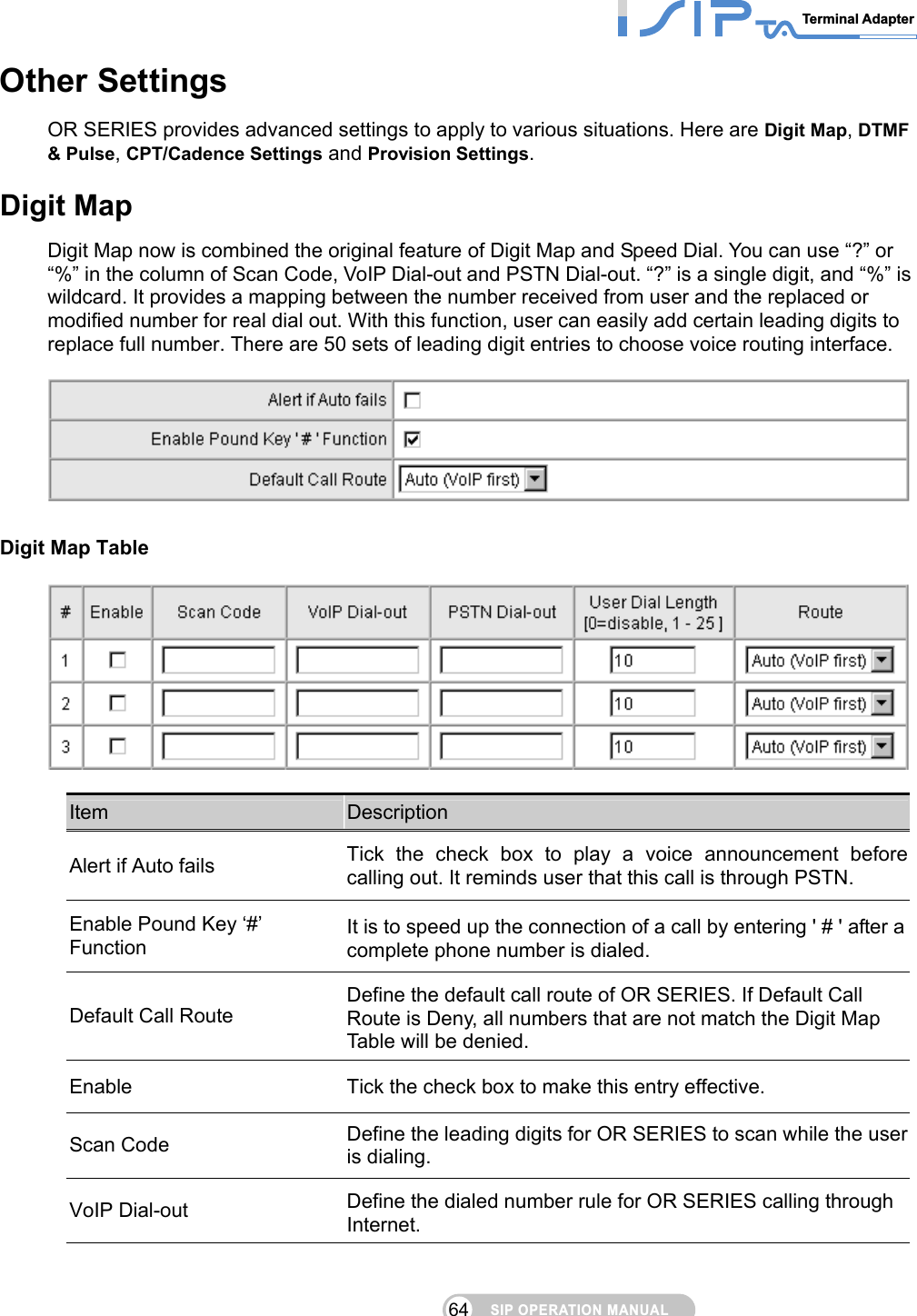 SIP OPERATION MANUALTerminal Adapter 64 Other Settings OR SERIES provides advanced settings to apply to various situations. Here are Digit Map, DTMF &amp; Pulse, CPT/Cadence Settings and Provision Settings.   Digit Map Digit Map now is combined the original feature of Digit Map and Speed Dial. You can use “?” or “%” in the column of Scan Code, VoIP Dial-out and PSTN Dial-out. “?” is a single digit, and “%” is wildcard. It provides a mapping between the number received from user and the replaced or modified number for real dial out. With this function, user can easily add certain leading digits to replace full number. There are 50 sets of leading digit entries to choose voice routing interface.    Digit Map Table   Item  Description Alert if Auto fails  Tick the check box to play a voice announcement before calling out. It reminds user that this call is through PSTN. Enable Pound Key ‘#’ Function It is to speed up the connection of a call by entering &apos; # &apos; after a complete phone number is dialed. Default Call Route Define the default call route of OR SERIES. If Default Call Route is Deny, all numbers that are not match the Digit Map Table will be denied. Enable  Tick the check box to make this entry effective. Scan Code  Define the leading digits for OR SERIES to scan while the user is dialing. VoIP Dial-out  Define the dialed number rule for OR SERIES calling through Internet. 