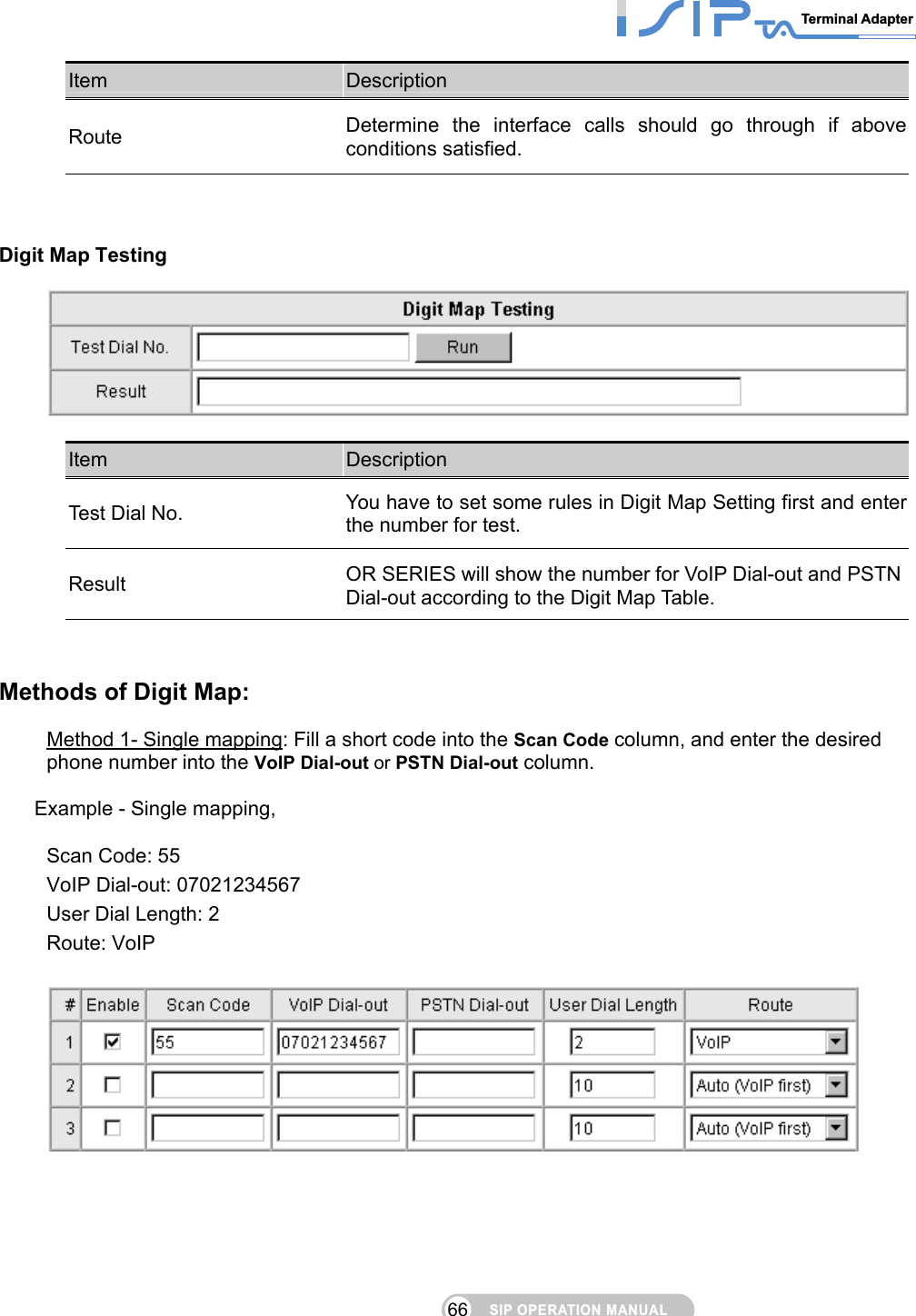 SIP OPERATION MANUALTerminal Adapter 66 Item  Description Route  Determine the interface calls should go through if above conditions satisfied.   Digit Map Testing   Item  Description Test Dial No.  You have to set some rules in Digit Map Setting first and enter the number for test. Result  OR SERIES will show the number for VoIP Dial-out and PSTN Dial-out according to the Digit Map Table.   Methods of Digit Map:         Method 1- Single mapping: Fill a short code into the Scan Code column, and enter the desired phone number into the VoIP Dial-out or PSTN Dial-out column.  Example - Single mapping,    Scan Code: 55 VoIP Dial-out: 07021234567 User Dial Length: 2 Route: VoIP      