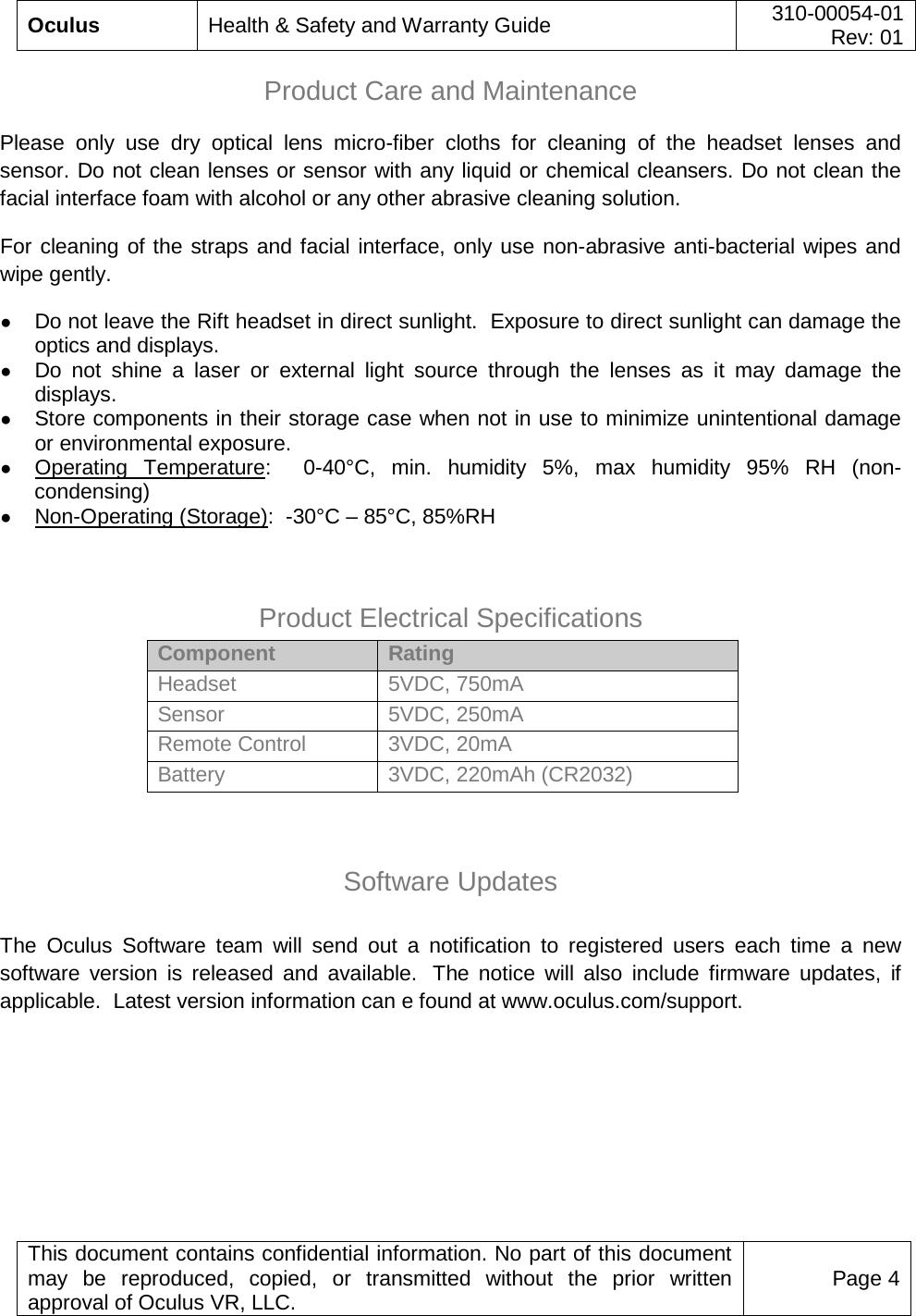  Oculus Health &amp; Safety and Warranty Guide 310-00054-01  Rev: 01   This document contains confidential information. No part of this document may be reproduced, copied, or transmitted without the prior written approval of Oculus VR, LLC. Page 4  Product Care and Maintenance  Please only use dry  optical lens micro-fiber  cloths for cleaning of the headset lenses and sensor. Do not clean lenses or sensor with any liquid or chemical cleansers. Do not clean the facial interface foam with alcohol or any other abrasive cleaning solution.    For cleaning of the straps and facial interface, only use non-abrasive anti-bacterial wipes and wipe gently. ● Do not leave the Rift headset in direct sunlight.  Exposure to direct sunlight can damage the optics and displays. ● Do not shine a laser or external light source through the lenses as it may damage the displays. ● Store components in their storage case when not in use to minimize unintentional damage or environmental exposure.  ● Operating Temperature:  0-40°C, min. humidity 5%, max humidity 95% RH (non-condensing) ● Non-Operating (Storage):  -30°C – 85°C, 85%RH   Product Electrical Specifications Component Rating Headset 5VDC, 750mA Sensor 5VDC, 250mA Remote Control 3VDC, 20mA Battery 3VDC, 220mAh (CR2032)   Software Updates   The  Oculus Software team will send out a notification to registered  users each time a new software  version  is released and available.   The  notice will also  include firmware updates, if applicable.  Latest version information can e found at www.oculus.com/support.   