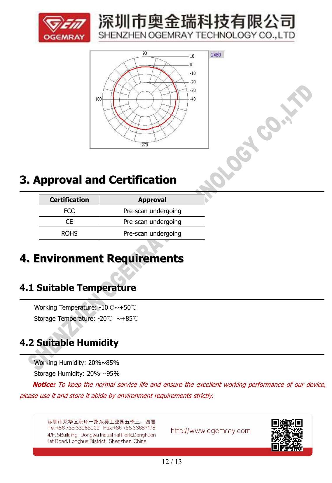 12 / 133.3. ApprovalApproval andand CertificationCertificationCertificationApprovalFCCPre-scan undergoingCEPre-scan undergoingROHSPre-scan undergoing4.4. EnvironmentEnvironment RequirementsRequirements4.1 Suitable TemperatureWorking Temperature: -10℃~+50℃Storage Temperature: -20℃~+85℃4.2 Suitable HumidityWorking Humidity: 20%~85%Storage Humidity: 20%～95%Notice: To keep the normal service life and ensure the excellent working performance of our device,please use it and store it abide by environment requirements strictly.
