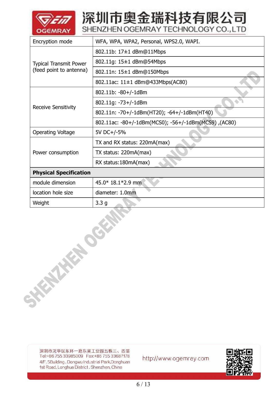 6 / 13Encryption modeWFA, WPA, WPA2, Personal, WPS2.0, WAPI.Typical Transmit Power(feed point to antenna)802.11b: 17&plusmn;1 dBm@11Mbps802.11g: 15&plusmn;1 dBm@54Mbps802.11n: 15&plusmn;1 dBm@150Mbps802.11ac: 11&plusmn;1 dBm@433Mbps(AC80)Receive Sensitivity802.11b: -80+/-1dBm802.11g: -73+/-1dBm802.11n: -70+/-1dBm(HT20); -64+/-1dBm(HT40)802.11ac: -80+/-1dBm(MCS0); -56+/-1dBm(MCS9) ,(AC80)Operating Voltage5V DC+/-5%Power consumptionTX and RX status: 220mA(max)TX status: 220mA(max)RX status:180mA(max)Physical Specificationmodule dimension45.0* 18.1*2.9 mmlocation hole sizediameter: 1.0mmWeight3.3 g