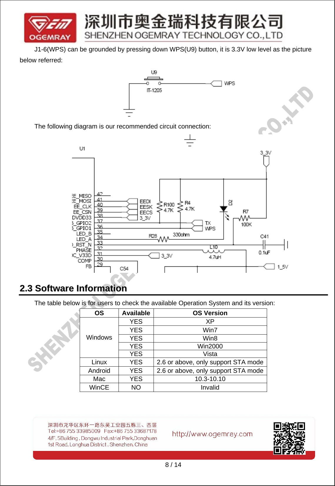   8 / 14 J1-6(WPS) can be grounded by pressing down WPS(U9) button, it is 3.3V low level as the picture below referred:  The following diagram is our recommended circuit connection:  22..33  SSooffttwwaarree  IInnffoorrmmaattiioonn  The table below is for users to check the available Operation System and its version: OS  Available OS Version Windows YES  XP YES  Win7 YES  Win8 YES Win2000 YES Vista Linux  YES  2.6 or above, only support STA mode Android  YES  2.6 or above, only support STA mode Mac  YES  10.3-10.10 WinCE  NO  Invalid   