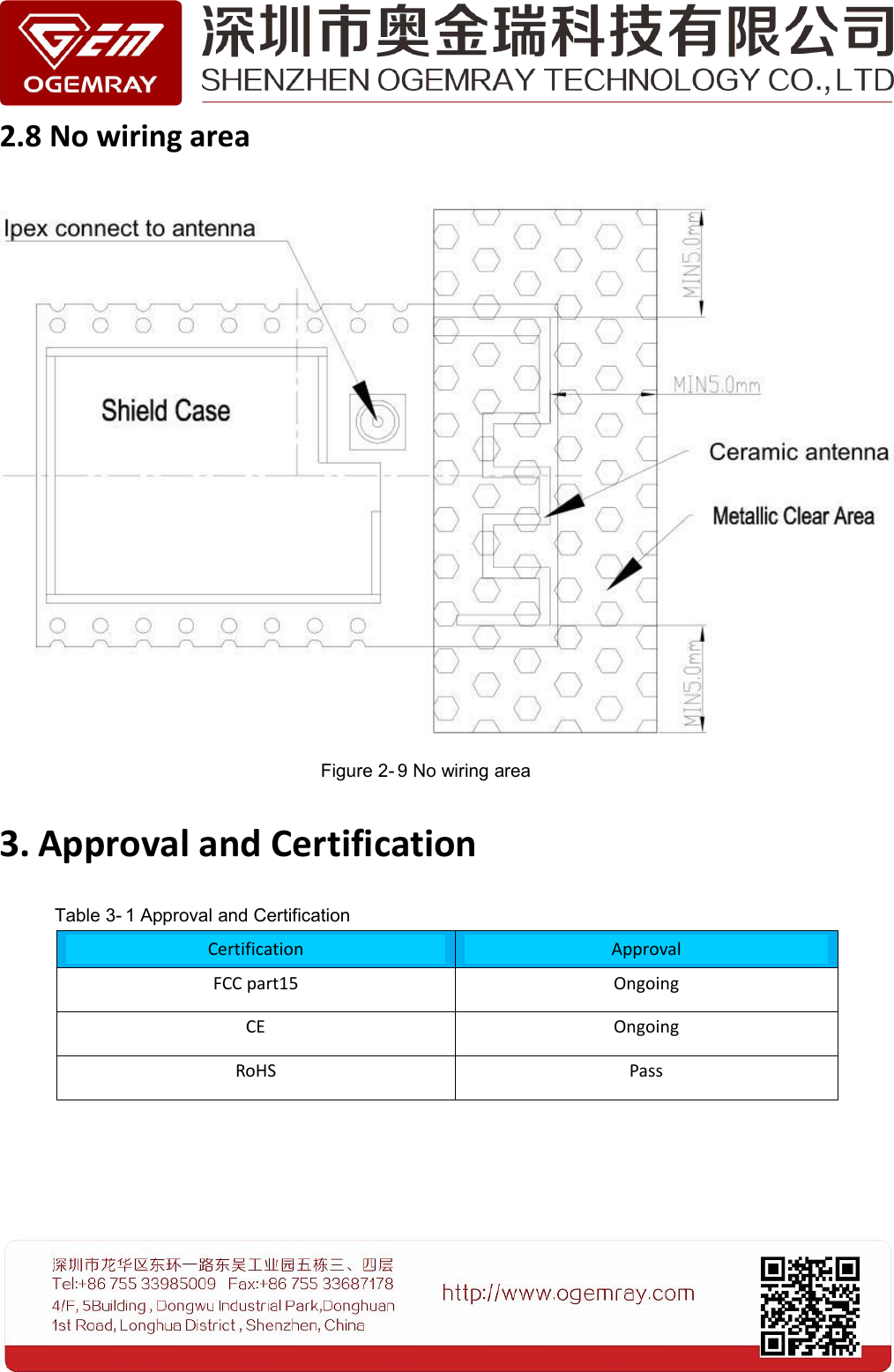 2.8 No wiring areaFigure 2- 9 No wiring area3. Approval and CertificationTable 3- 1 Approval and CertificationCertificationApprovalFCC part15OngoingCEOngoingRoHSPass