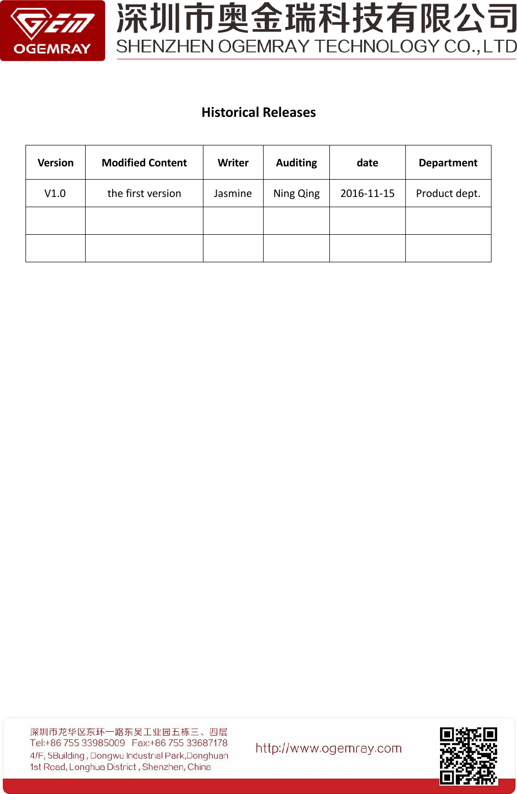 Historical ReleasesVersionModified ContentWriterAuditingdateDepartmentV1.0the first versionJasmineNing Qing2016-11-15Product dept.