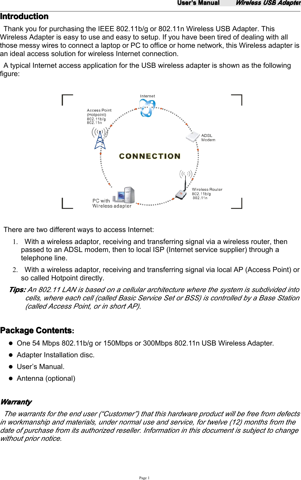 UserUserUserUser&rsquo;&rsquo;&rsquo;&rsquo;ssss ManualManualManualManualWirelessWirelessWirelessWireless USBUSBUSBUSB AdapteAdapteAdapteAdapterrrrPage 1IntroductionIntroductionIntroductionIntroductionThank you for purchasing the IEE E 802.11 b/g or 802.11n Wireless USB Adapter. ThisWireless Adapter is easy to use and easy to setup. If you have been tired of dealing with allthose messy wires to connect a laptop or PC to office or home network, th is Wireless adapter isan ideal access solution for wireless Internet connection.A typical Internet access application for the USB wireless adapter is shown as the followingfigure:There are two different ways to access Internet:1. With a wireless adaptor, receiving and transferring signal via a wireless router, thenpassed to an ADSL modem, then to local ISP (Internet service supplier) through atelephone line .2. With a wireless adaptor, receiving and transferring signal via local AP (Access Point) orso called Hotpoint directly.Tips:Tips:Tips:Tips: An 802.11 LAN is based on a cellular architecture where the system is subdivided intocells, where each cell (called Basic Service Set or BSS) is controlled by a Base Station(called Access Point, or in short AP).PackagePackagePackagePackage ContentsContentsContentsContents ::::�One 54 Mbps 802.11b/g or 150Mbps or 300Mbps 802.11n USB Wireless Adapter.�Adapter Installation disc.�User&rsquo;s Manual.�Antenna (optional)WarrantyWarrantyWarrantyWarrantyThe warrants for the end user ( &ldquo; Customer &rdquo; ) that this hardware product will be free from defectsin workmanship and materials, under normal use and service, for twelve (12) months from thedate of purchase from its authorized reseller. Information in this document is subject to changewithout prior notice.