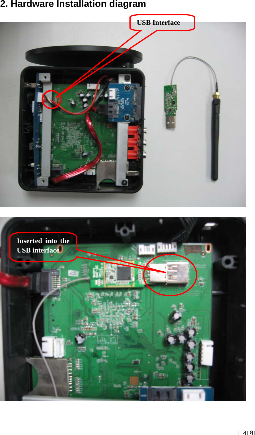 2. Hardware Installation diagram     USB Interface Inserted into the USB interface 第 2／8页