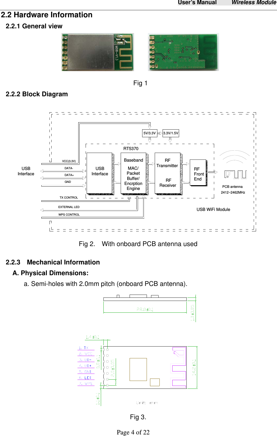 User&rsquo;s Manual     Wireless Module     Page 4 of 22  2.2 Hardware Information 2.2.1 General view            Fig 1 2.2.2 Block Diagram  Fig 2.    With onboard PCB antenna used  2.2.3  Mechanical Information A. Physical Dimensions: a. Semi-holes with 2.0mm pitch (onboard PCB antenna).  Fig 3.      RFReceiver       RFTransmitterBasebandMAC/PacketBuffer/EncrptionEngineDATA-    USB InterfaceVCC(3.3V)DATA+GND RT5370RF Front End   USB InterfaceUSB WiFi ModuleTX CONTROLEXTERNAL LED 3.3V/1.5V 5V/3.3VPCB antenna2412~2462MHzWPS CONTROL