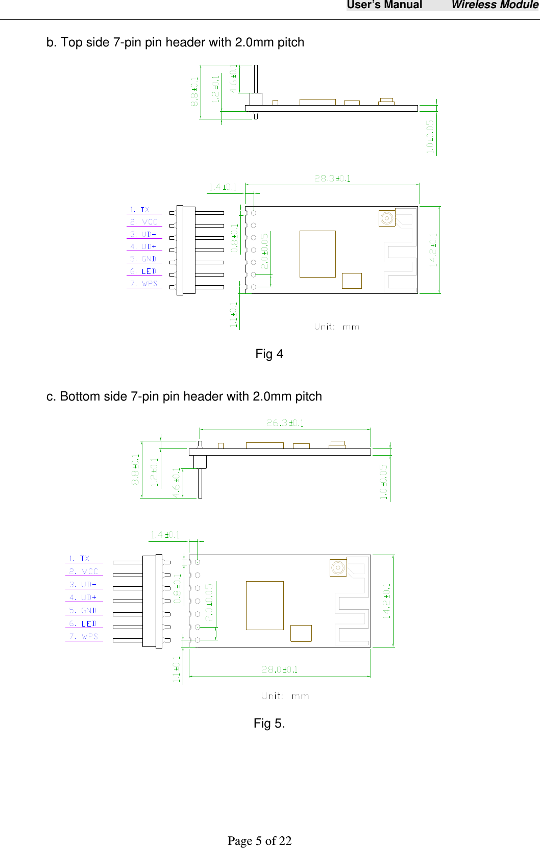 User&rsquo;s Manual     Wireless Module     Page 5 of 22   b. Top side 7-pin pin header with 2.0mm pitch  Fig 4  c. Bottom side 7-pin pin header with 2.0mm pitch  Fig 5.    