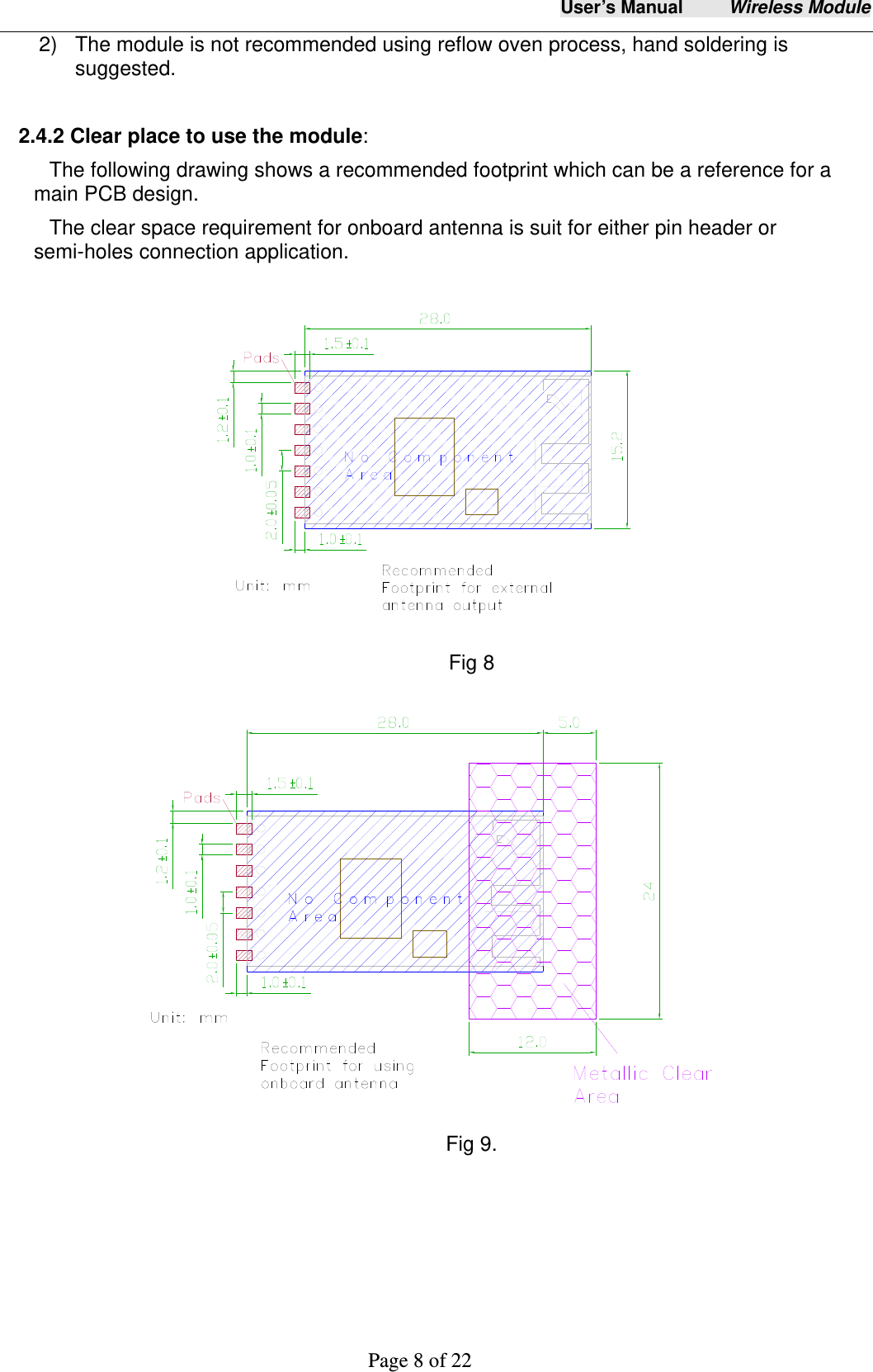 User&rsquo;s Manual     Wireless Module     Page 8 of 22  2)  The module is not recommended using reflow oven process, hand soldering is suggested.  2.4.2 Clear place to use the module: The following drawing shows a recommended footprint which can be a reference for a main PCB design.   The clear space requirement for onboard antenna is suit for either pin header or semi-holes connection application.  Fig 8  Fig 9. 