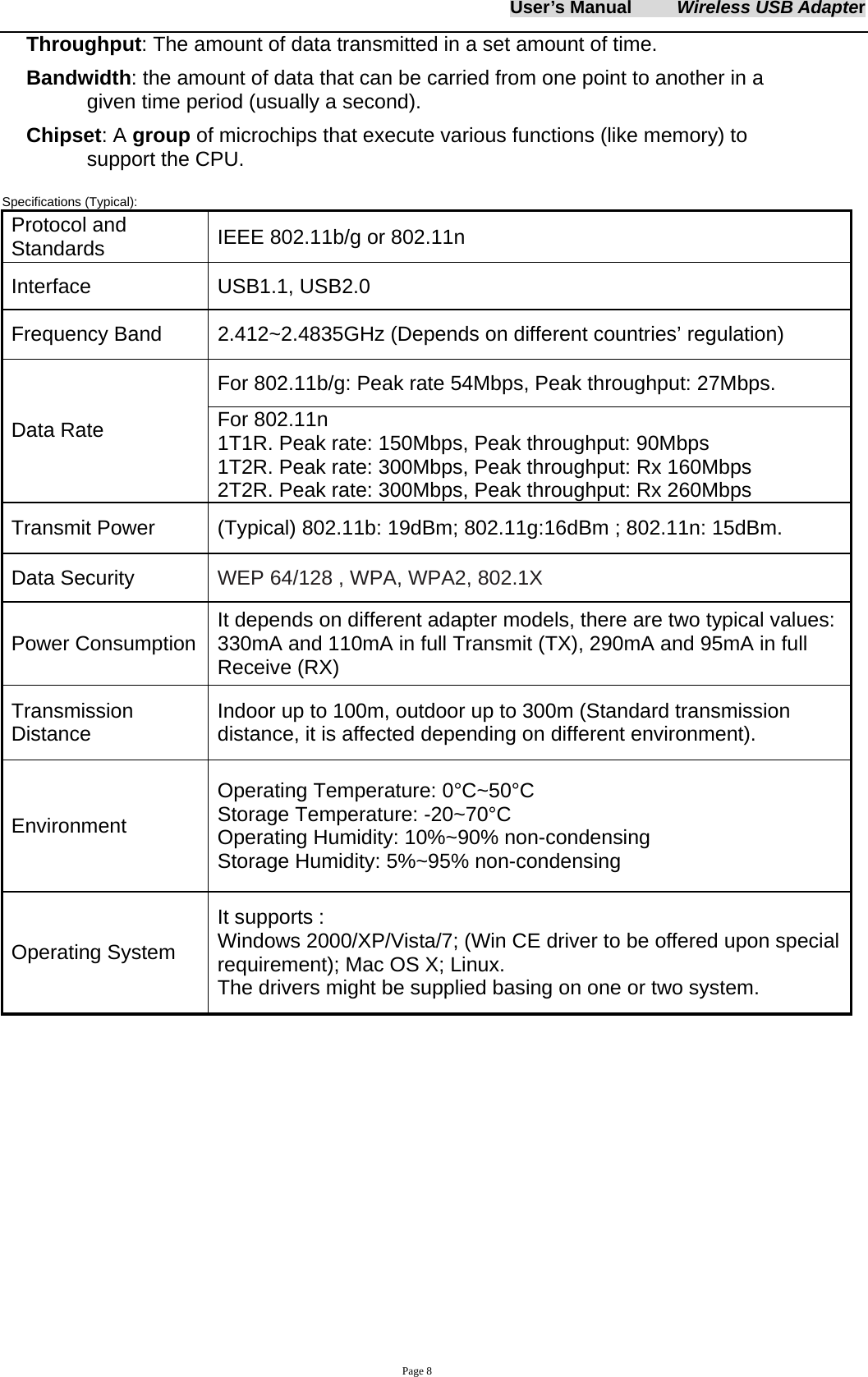 User&rsquo;s Manual     Wireless USB Adapter     Page 8 Throughput: The amount of data transmitted in a set amount of time.  Bandwidth: the amount of data that can be carried from one point to another in a given time period (usually a second).  Chipset: A group of microchips that execute various functions (like memory) to support the CPU.   Specifications (Typical):  Protocol and Standards  IEEE 802.11b/g or 802.11n Interface USB1.1, USB2.0  Frequency Band  2.412~2.4835GHz (Depends on different countries&rsquo; regulation) For 802.11b/g: Peak rate 54Mbps, Peak throughput: 27Mbps. Data Rate  For 802.11n   1T1R. Peak rate: 150Mbps, Peak throughput: 90Mbps 1T2R. Peak rate: 300Mbps, Peak throughput: Rx 160Mbps 2T2R. Peak rate: 300Mbps, Peak throughput: Rx 260Mbps Transmit Power    (Typical) 802.11b: 19dBm; 802.11g:16dBm ; 802.11n: 15dBm.   Data Security  WEP 64/128 , WPA, WPA2, 802.1X Power Consumption  It depends on different adapter models, there are two typical values: 330mA and 110mA in full Transmit (TX), 290mA and 95mA in full Receive (RX)   Transmission Distance  Indoor up to 100m, outdoor up to 300m (Standard transmission distance, it is affected depending on different environment). Environment Operating Temperature: 0&deg;C~50&deg;C Storage Temperature: -20~70&deg;C Operating Humidity: 10%~90% non-condensing Storage Humidity: 5%~95% non-condensing   Operating System It supports : Windows 2000/XP/Vista/7; (Win CE driver to be offered upon special requirement); Mac OS X; Linux. The drivers might be supplied basing on one or two system.  