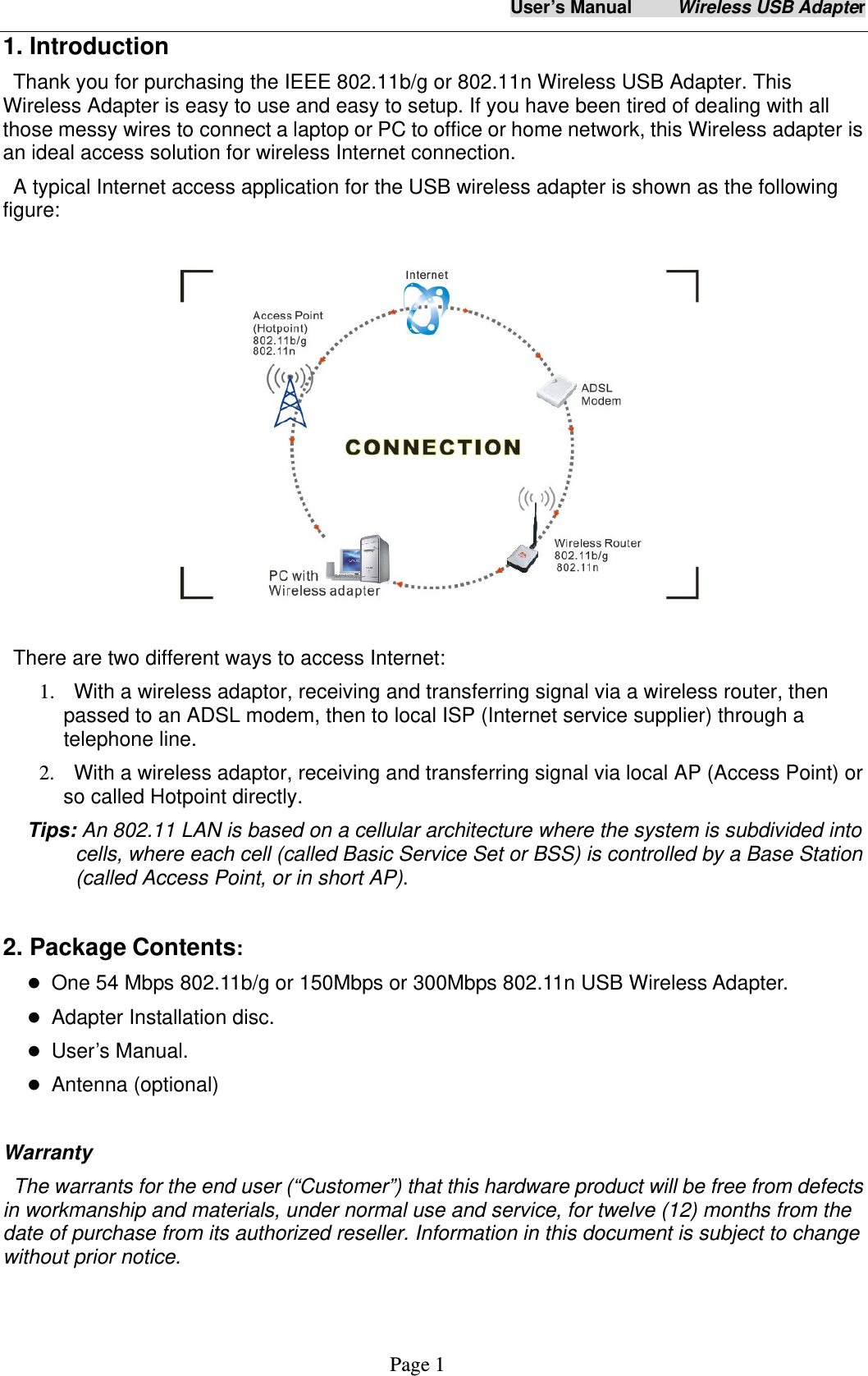 User&rsquo;s Manual     Wireless USB Adapter     Page 1 1. Introduction Thank you for purchasing the IEEE 802.11b/g or 802.11n Wireless USB Adapter. This Wireless Adapter is easy to use and easy to setup. If you have been tired of dealing with all those messy wires to connect a laptop or PC to office or home network, this Wireless adapter is an ideal access solution for wireless Internet connection.   A typical Internet access application for the USB wireless adapter is shown as the following figure:   There are two different ways to access Internet: 1.   With a wireless adaptor, receiving and transferring signal via a wireless router, then passed to an ADSL modem, then to local ISP (Internet service supplier) through a telephone line.   2.    With a wireless adaptor, receiving and transferring signal via local AP (Access Point) or so called Hotpoint directly. Tips: An 802.11 LAN is based on a cellular architecture where the system is subdivided into cells, where each cell (called Basic Service Set or BSS) is controlled by a Base Station (called Access Point, or in short AP).    2. Package Contents:  One 54 Mbps 802.11b/g or 150Mbps or 300Mbps 802.11n USB Wireless Adapter.  Adapter Installation disc.  User&rsquo;s Manual.  Antenna (optional)    Warranty The warrants for the end user (&ldquo;Customer&rdquo;) that this hardware product will be free from defects in workmanship and materials, under normal use and service, for twelve (12) months from the date of purchase from its authorized reseller. Information in this document is subject to change without prior notice.  
