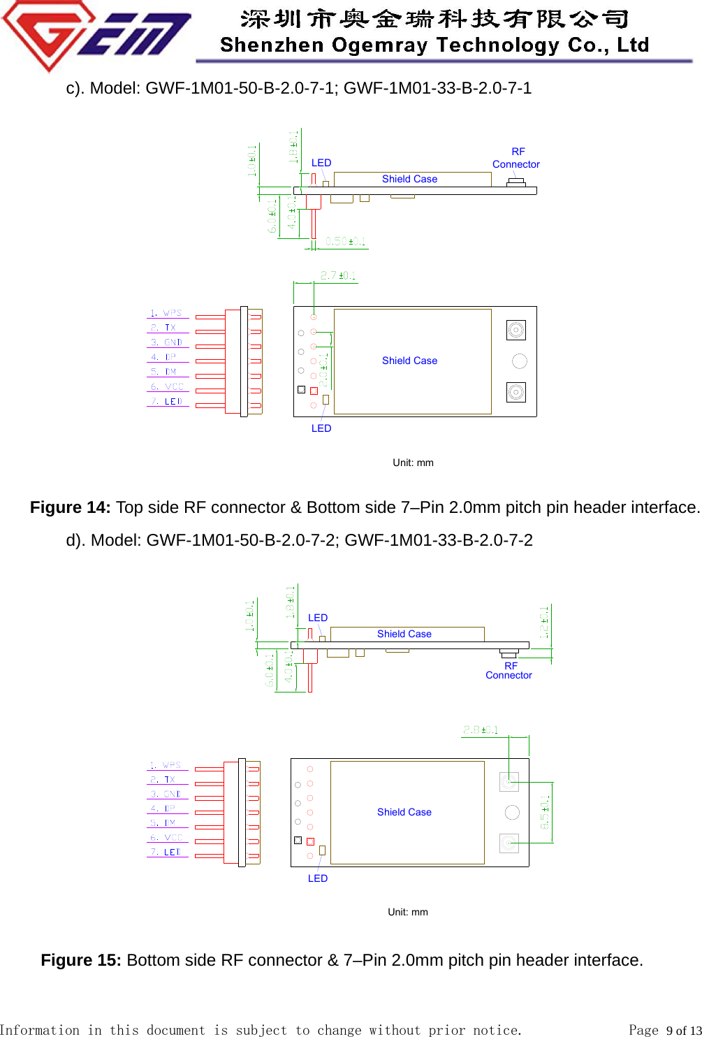  Information in this document is subject to change without prior notice.              Page 9 of 13          c). Model: GWF-1M01-50-B-2.0-7-1; GWF-1M01-33-B-2.0-7-1     Figure 14: Top side RF connector &amp; Bottom side 7&ndash;Pin 2.0mm pitch pin header interface.         d). Model: GWF-1M01-50-B-2.0-7-2; GWF-1M01-33-B-2.0-7-2       Figure 15: Bottom side RF connector &amp; 7&ndash;Pin 2.0mm pitch pin header interface.          