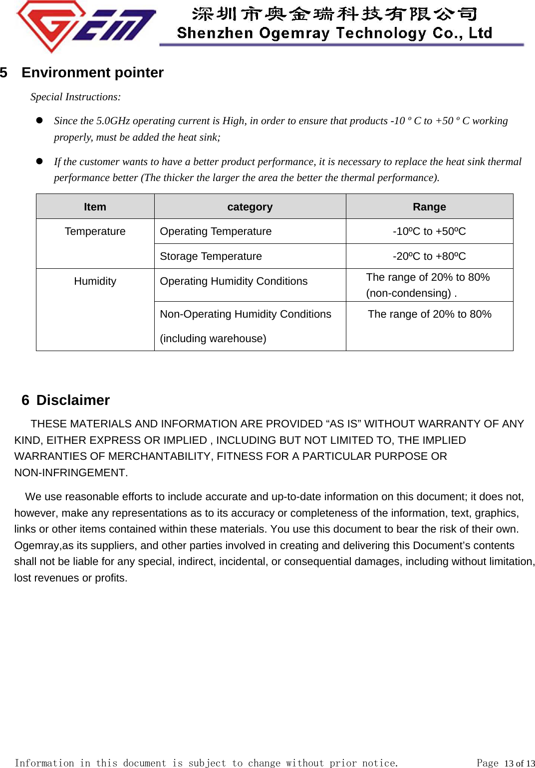  Information in this document is subject to change without prior notice.              Page 13 of 13  5 Environment pointer Special Instructions:  Since the 5.0GHz operating current is High, in order to ensure that products -10 &ordm; C to +50 &ordm; C working properly, must be added the heat sink;  If the customer wants to have a better product performance, it is necessary to replace the heat sink thermal performance better (The thicker the larger the area the better the thermal performance). Item  category  Range Temperature  Operating Temperature  -10&ordm;C to +50&ordm;C Storage Temperature  -20&ordm;C to +80&ordm;C Humidity  Operating Humidity Conditions  The range of 20% to 80% (non-condensing) . Non-Operating Humidity Conditions (including warehouse) The range of 20% to 80%  6 Disclaimer THESE MATERIALS AND INFORMATION ARE PROVIDED &ldquo;AS IS&rdquo; WITHOUT WARRANTY OF ANY KIND, EITHER EXPRESS OR IMPLIED , INCLUDING BUT NOT LIMITED TO, THE IMPLIED WARRANTIES OF MERCHANTABILITY, FITNESS FOR A PARTICULAR PURPOSE OR NON-INFRINGEMENT. We use reasonable efforts to include accurate and up-to-date information on this document; it does not, however, make any representations as to its accuracy or completeness of the information, text, graphics, links or other items contained within these materials. You use this document to bear the risk of their own. Ogemray,as its suppliers, and other parties involved in creating and delivering this Document&rsquo;s contents shall not be liable for any special, indirect, incidental, or consequential damages, including without limitation, lost revenues or profits. 