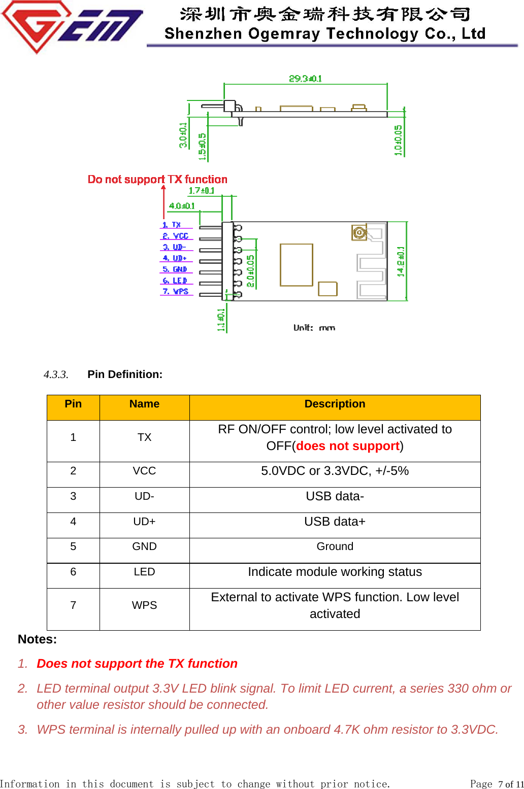  Information in this document is subject to change without prior notice.              Page 7 of 11   4.3.3. Pin Definition: Pin  Name  Description 1 TX RF ON/OFF control; low level activated to OFF(does not support) 2 VCC 5.0VDC or 3.3VDC, +/-5% 3 UD- USB data- 4 UD+  USB data+ 5 GND  Ground 6 LED  Indicate module working status 7 WPS External to activate WPS function. Low level activated Notes: 1.  Does not support the TX function 2.  LED terminal output 3.3V LED blink signal. To limit LED current, a series 330 ohm or other value resistor should be connected.   3.  WPS terminal is internally pulled up with an onboard 4.7K ohm resistor to 3.3VDC. 
