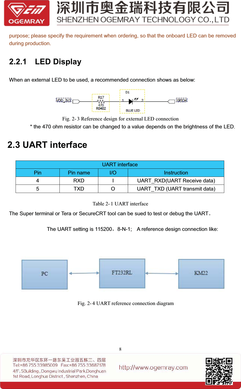 8purpose; please specify the requirement when ordering, so that the onboard LED can be removedduring production.2.2.1 LED DisplayWhen an external LED to be used, a recommended connection shows as below:Fig. 2- 3 Reference design for external LED connection* the 470 ohm resistor can be changed to a value depends on the brightness of the LED.2.3 UART interfaceTable 2- 1 UART interfaceThe Super terminal or Tera or SecureCRT tool can be sued to test or debug the UART。The UART setting is 115200，8-N-1; A reference design connection like:Fig. 2- 4 UART reference connection diagramUART interfacePin Pin name I/O Instruction4 RXD I UART_RXD(UART Receive data)5 TXD O UART_TXD (UART transmit data)