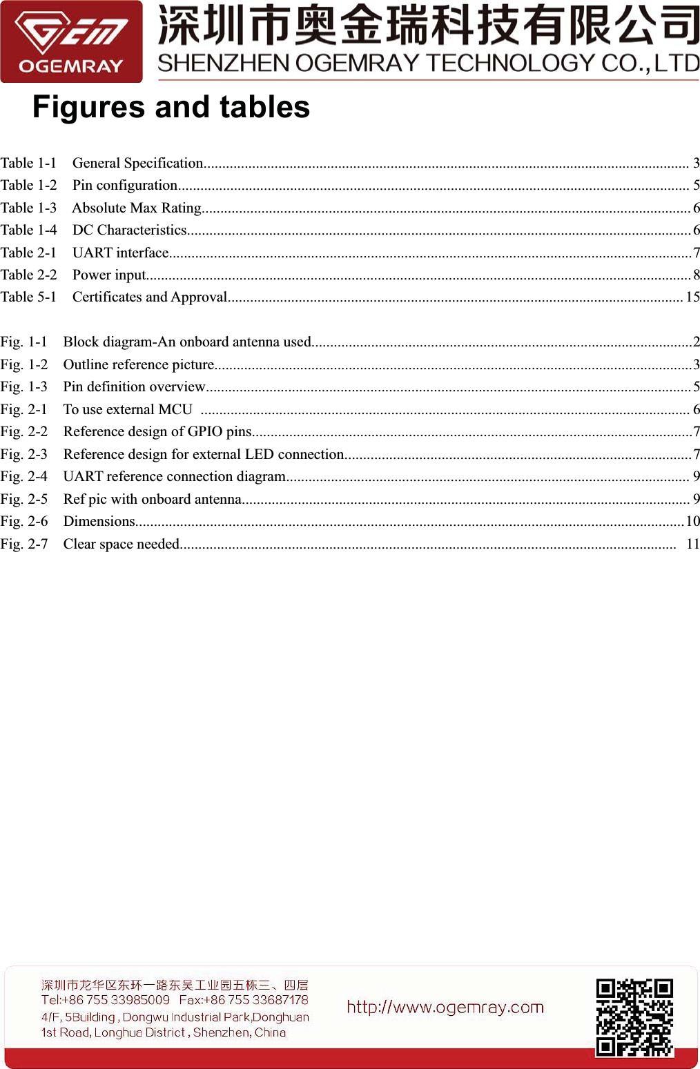 Figures and tablesTable 1-1 General Specification.................................................................................................................................. 3Table 1-2 Pin configuration......................................................................................................................................... 5Table 1-3 Absolute Max Rating................................................................................................................................... 6Table 1-4 DC Characteristics....................................................................................................................................... 6Table 2-1 UART interface............................................................................................................................................7Table 2-2 Power input..................................................................................................................................................8Table 5-1 Certificates and Approval.......................................................................................................................... 15Fig. 1-1 Block diagram-An onboard antenna used......................................................................................................2Fig. 1-2 Outline reference picture................................................................................................................................3Fig. 1-3 Pin definition overview..................................................................................................................................5Fig. 2-1 To use external MCU ................................................................................................................................... 6Fig. 2-2 Reference design of GPIO pins......................................................................................................................7Fig. 2-3 Reference design for external LED connection.............................................................................................7Fig. 2-4 UART reference connection diagram............................................................................................................ 9Fig. 2-5 Ref pic with onboard antenna........................................................................................................................ 9Fig. 2-6 Dimensions...................................................................................................................................................10Fig. 2-7 Clear space needed..................................................................................................................................... 11