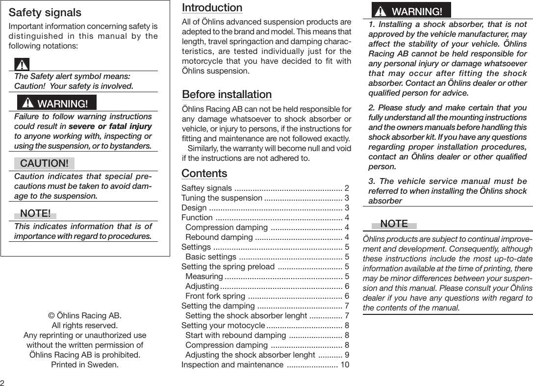 Page 2 of 12 - Ohlins Ohlins-Shock-Absorbers-Motorcycle-Road-And-Track-Users-Manual- 07241-02A5L.p65  Ohlins-shock-absorbers-motorcycle-road-and-track-users-manual