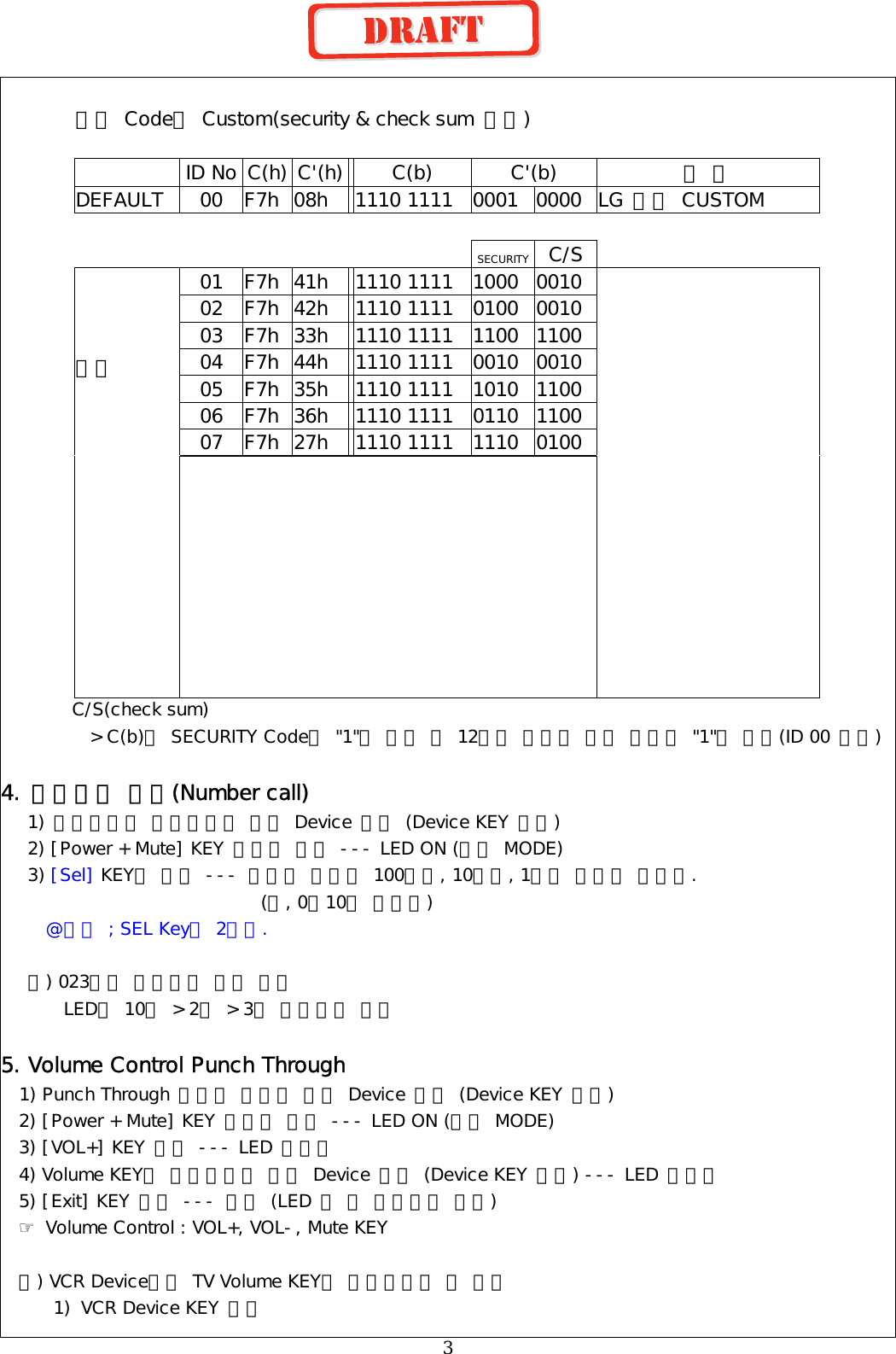  설정 Code별 Custom(security &amp; check sum 포함)                 ID No C(h) C&apos;(h)   C(b)  C&apos;(b)  비 고 DEFAULT  00  F7h  08h   1110 1111  0001  0000  LG 기본 CUSTOM                SECURITY  C/S  01 F7h 41h  1110 1111 1000 0010 02 F7h 42h  1110 1111 0100 0010 03 F7h 33h  1110 1111 1100 1100 04 F7h 44h  1110 1111 0010 0010 05 F7h 35h  1110 1111 1010 1100 06 F7h 36h  1110 1111 0110 1100 07 F7h 27h  1110 1111 1110 0100                                                                                         설정                       C/S(check sum)  &gt; C(b)와 SECURITY Code의 &quot;1&quot;의 개수 를 12개로 맞추기 위한 필요한 &quot;1&quot;의 수치(ID 00 제외)  4. 설정번호 확인(Number call)  1) 설정번호를 확인하고자 하는 Device 선택 (Device KEY 사용)  2) [Power + Mute] KEY 동시에 누름 --- LED ON (설정 MODE)  3) [Sel] KEY를 누름 --- 설정된 번호가 100자리, 10자리, 1자리 차례로 깜박임.                            (단, 0은10회 깜박임)    @주의 ; SEL Key는 2개임.     예) 023번이 설정되어 있을 경우        LED가 10회 &gt; 2회 &gt; 3회 깜빡이고 꺼짐  5. Volume Control Punch Through   1) Punch Through 설정을 하고자 하는 Device 선택 (Device KEY 사용)   2) [Power + Mute] KEY 동시에 누름 --- LED ON (설정 MODE)   3) [VOL+] KEY 누름 --- LED 깜빡임   4) Volume KEY를 불러오고자 하는 Device 선택 (Device KEY 사용) --- LED 깜빡임   5) [Exit] KEY 누름 --- 완료 (LED 두 번 깜박이고 꺼짐) ☞ Volume Control : VOL+, VOL-, Mute KEY  예) VCR Device에서 TV Volume KEY를 사용하고자 할 경우 1)  VCR Device KEY 누름  3 