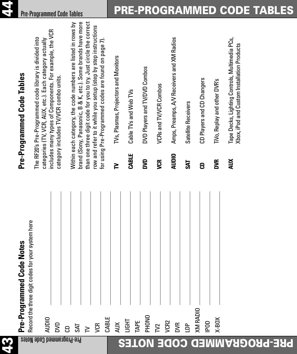 44PRE-PROGRAMMED CODE TABLESPre-Programmed Code Tables43Pre-Programmed Code Notes PRE-PROGRAMMED CODE NOTESPre-Programmed Code NotesRecord the three digit codes for your system hereAUDIODVDCDSATTVVCRCABLEAUXLIGHTTAPEPHONOTV2VCR2DVRLDPXM RADIOIPODX-BOXPre-Programmed Code TablesThe RF20’s Pre-Programmed code library is divided intocategories (TV, VCR, AUX, etc.). Each category actuallyincludes many types of Components. For example, the VCRcategory includes TV/VCR combo units.Within each category, the code numbers are listed in rows bybrand (Sony, Panasonic, B &amp; K, etc.). Some brands have morethan one three digit code for you to try. Just circle the correctrow and refer to it while you setup (step by step instructionsfor using Pre-Programmed codes are found on page 7).TV TVs, Plasmas, Projectors and MonitorsCABLE Cable TVs and Web TVsDVD DVD Players and TV/DVD CombosVCR VCRs and TV/VCR Combos AUDIO Amps, Preamps, A/V Receivers and XM RadiosSAT Satellite ReceiversCD CD Players and CD Changers DVR TiVo, Replay and other DVR’sAUX Tape Decks, Lighting Controls, Multimedia PCs, Xbox, iPod and Custom Installation Products