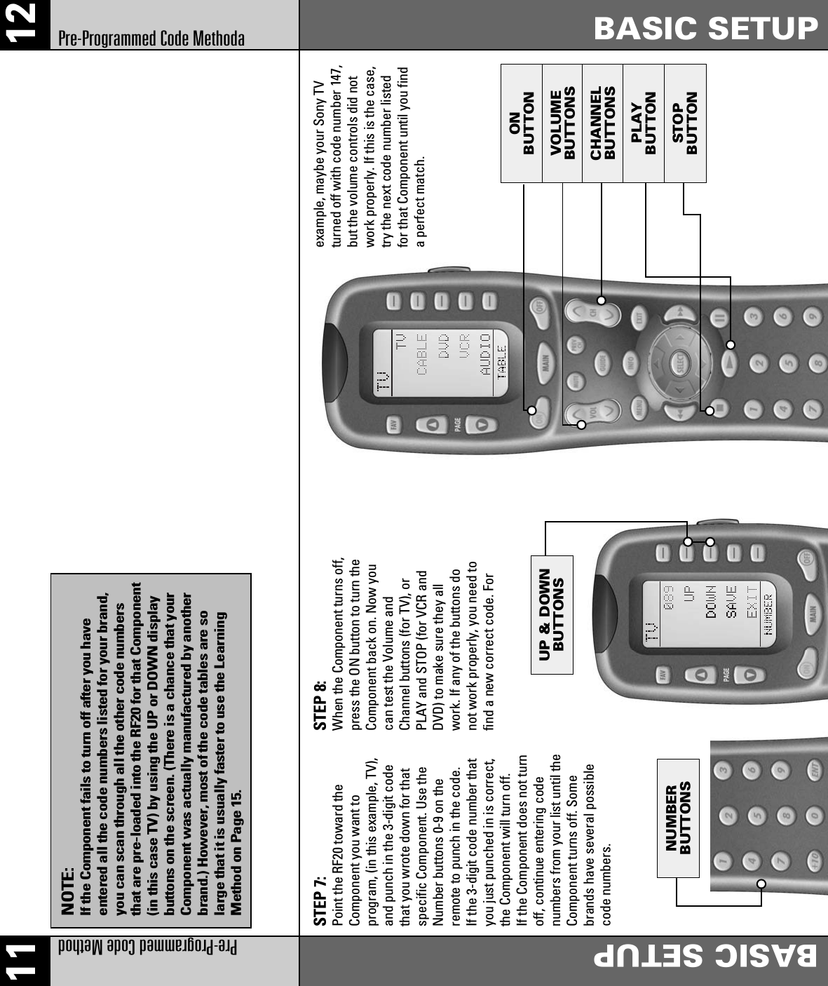 ONBUTTONVOLUMEBUTTONSCHANNELBUTTONSPLAYBUTTONSTOPBUTTONNUMBERBUTTONSUP &amp; DOWNBUTTONS11 12Pre-Programmed Code MethodBASIC SETUPBASIC SETUPPre-Programmed Code MethodaNOTE:If the Component fails to turn off after you haveentered all the code numbers listed for your brand,you can scan through all the other code numbersthat are pre-loaded into the RF20 for that Component(in this case TV) by using the UP or DOWN displaybuttons on the screen. (There is a chance that yourComponent was actually manufactured by anotherbrand.) However, most of the code tables are solarge that it is usually faster to use the LearningMethod on Page 15.STEP 7: Point the RF20 toward theComponent you want toprogram, (in this example, TV),and punch in the 3-digit codethat you wrote down for thatspecific Component. Use theNumber buttons 0-9 on theremote to punch in the code.If the 3-digit code number thatyou just punched in is correct,the Component will turn off.If the Component does not turnoff, continue entering codenumbers from your list until theComponent turns off. Somebrands have several possiblecode numbers.STEP 8: When the Component turns off,press the ON button to turn theComponent back on. Now youcan test the Volume andChannel buttons (for TV), orPLAY and STOP (for VCR andDVD) to make sure they allwork. If any of the buttons donot work properly, you need tofind a new correct code. Forexample, maybe your Sony TVturned off with code number 147,but the volume controls did notwork properly. If this is the case,try the next code number listedfor that Component until you finda perfect match.