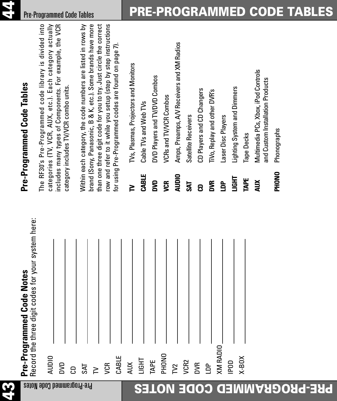 43 44Pre-Programmed Code Notes PRE-PROGRAMMED CODE NOTESPre-Programmed Code TablesPRE-PROGRAMMED CODE TABLESPre-Programmed Code NotesRecord the three digit codes for your system here:Pre-Programmed Code TablesThe RF30’s Pre-Programmed code library is divided intocategories (TV, VCR, AUX, etc.). Each category actuallyincludes many types of Components. For example, the VCRcategory includes TV/VCR combo units.Within each category, the code numbers are listed in rows bybrand (Sony, Panasonic, B &amp; K, etc.). Some brands have morethan one three digit code for you to try. Just circle the correctrow and refer to it while you setup (step by step instructionsfor using Pre-Programmed codes are found on page 7). TV TVs, Plasmas, Projectors and MonitorsCABLE Cable TVs and Web TVsDVD DVD Players and TV/DVD CombosVCR VCRs and TV/VCR Combos AUDIO Amps, Preamps, A/V Receivers and XM RadiosSAT Satellite ReceiversCD CD Players and CD Changers DVR TiVo, Replay and other DVR’sLDP Laser Disc PlayersLIGHT Lighting System and DimmersTAPE Tape DecksAUX Multimedia PCs, Xbox, iPod Controlsand Custom Installation ProductsPHONO PhonographsAUDIODVDCDSATTVVCRCABLEAUXLIGHTTAPEPHONOTV2VCR2DVRLDPXM RADIOIPODX-BOX