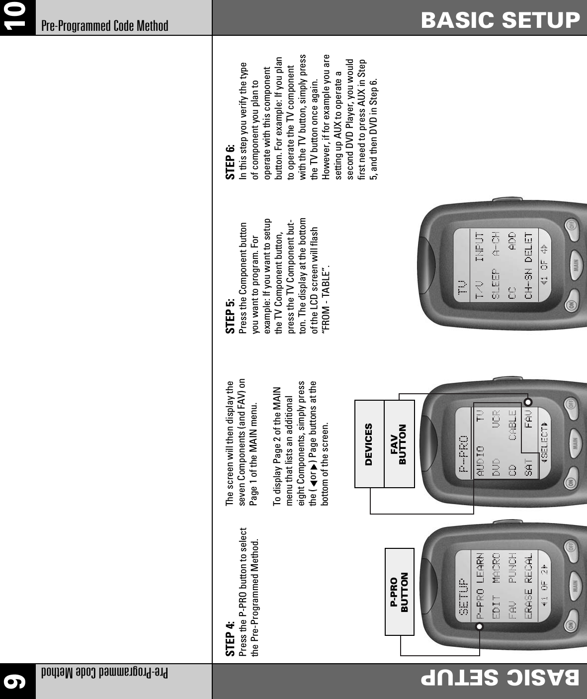 910Pre-Programmed Code Method BASIC SETUPPre-Programmed Code Method BASIC SETUPSTEP 4:Press the P-PRO button to selectthe Pre-Programmed Method.The screen will then display theseven Components (and FAV) onPage 1 of the MAIN menu.To display Page 2 of the MAINmenu that lists an additionaleight Components, simply pressthe ( or ) Page buttons at thebottom of the screen.STEP 5:Press the Component buttonyou want to program. Forexample: If you want to setupthe TV Component button,press the TV Component but-ton. The display at the bottomof the LCD screen will flash“FROM - TABLE”.STEP 6:In this step you verify the typeof component you plan tooperate with this componentbutton. For example: If you planto operate the TV componentwith the TV button, simply pressthe TV button once again.However, if for example you aresetting up AUX to operate asecond DVD Player, you wouldfirst need to press AUX in Step5, and then DVD in Step 6.DEVICESFAVBUTTONP-PROBUTTON