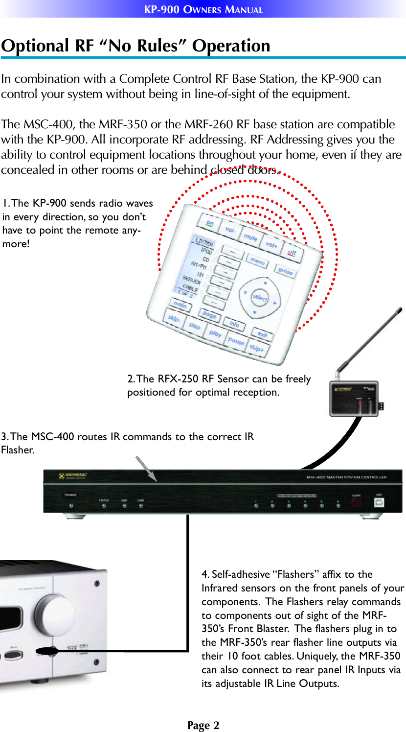 Page 2KP-900 OWNERS MANUALOptional RF “No Rules” OperationIn combination with a Complete Control RF Base Station, the KP-900 cancontrol your system without being in line-of-sight of the equipment. The MSC-400, the MRF-350 or the MRF-260 RF base station are compatiblewith the KP-900. All incorporate RF addressing. RF Addressing gives you theability to control equipment locations throughout your home, even if they areconcealed in other rooms or are behind closed doors.4. Self-adhesive “Flashers” affix to theInfrared sensors on the front panels of yourcomponents.  The Flashers relay commandsto components out of sight of the MRF-350’s Front Blaster.  The flashers plug in tothe MRF-350’s rear flasher line outputs viatheir 10 foot cables. Uniquely, the MRF-350can also connect to rear panel IR Inputs viaits adjustable IR Line Outputs.3. The MSC-400 routes IR commands to the correct IRFlasher.1. The KP-900 sends radio wavesin every direction, so you don’thave to point the remote any-more! 2. The RFX-250 RF Sensor can be freelypositioned for optimal reception.